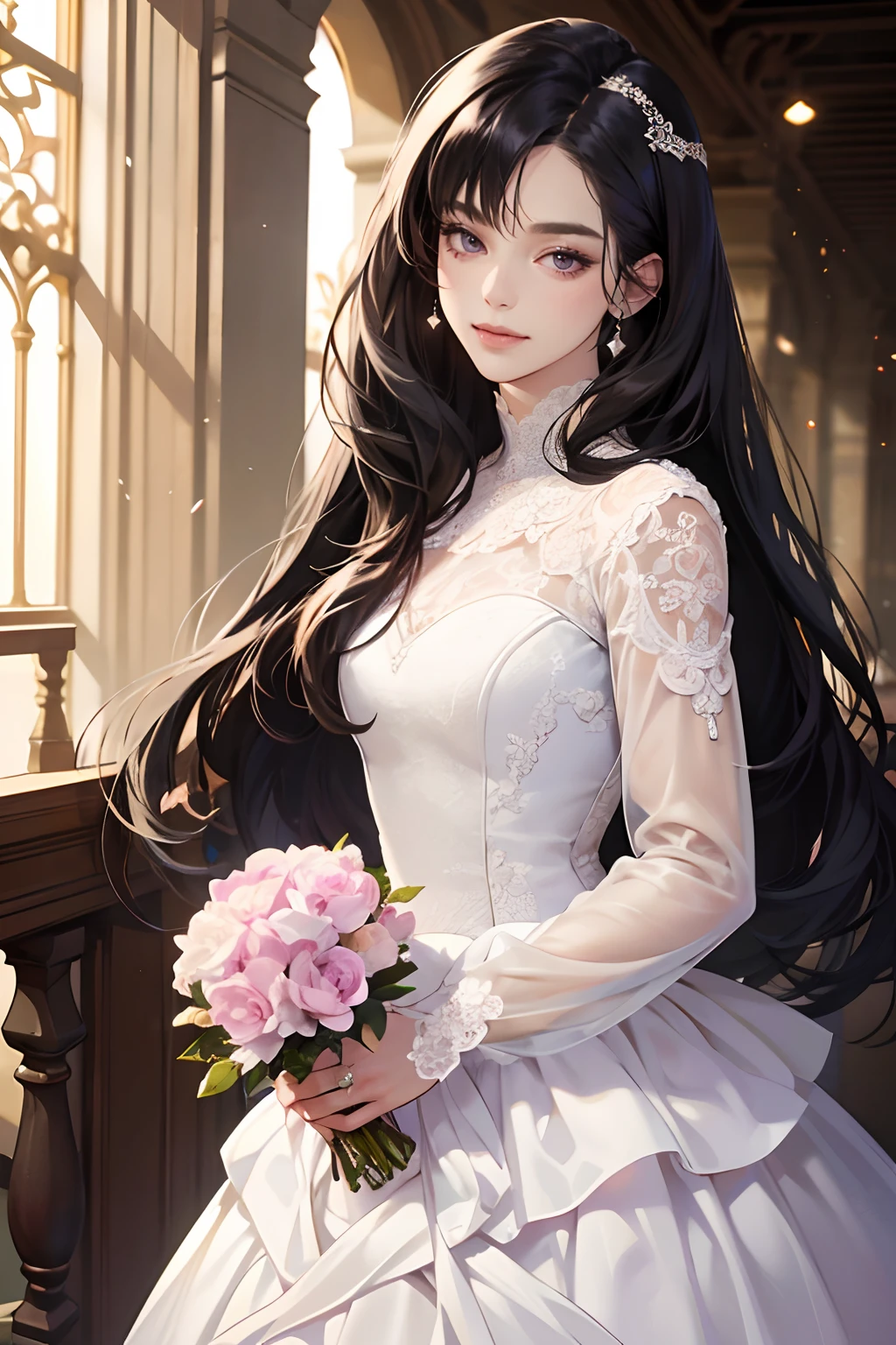 masterpiece, best quality, realistic, 1woman, mature female, beautiful, 25 years old, close his eyes, cute, smile, closed mouth, extremely detailed face, ((dark purple eyes)), ((Black front bang long hair with French twist)), [thin eyebrows], accurate, detailed, ((front bang haor)), in a wedding, ((long sleeve and elegant Wedding dress with vail)), standing and holding flowers