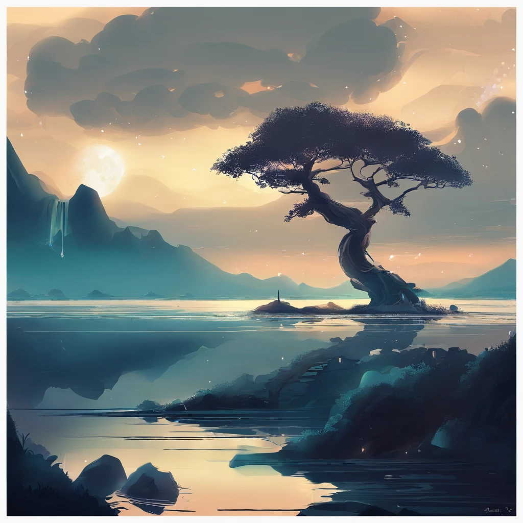 Magnificent view,Mountain top forest edge landscape photography professional high quality nature digital photography,Broad field of view,Bushes in the moonlight,Moonlight 1 White Phalaenopsis orchid on the edge of the cliff,Clear and transparent water,Huge stones stand tall,A majestic,Yamakawa,Simple and beautiful,Minimalist,Deep cyan tones,foggy sky,Nightmare vision, Dark fantasy plot,Perfect and excellent composition,8K分辨率,the detail,Rain trails,dampness,water stain,very wide angle shot,Jack Guzman's environmental art photography,realisticlying