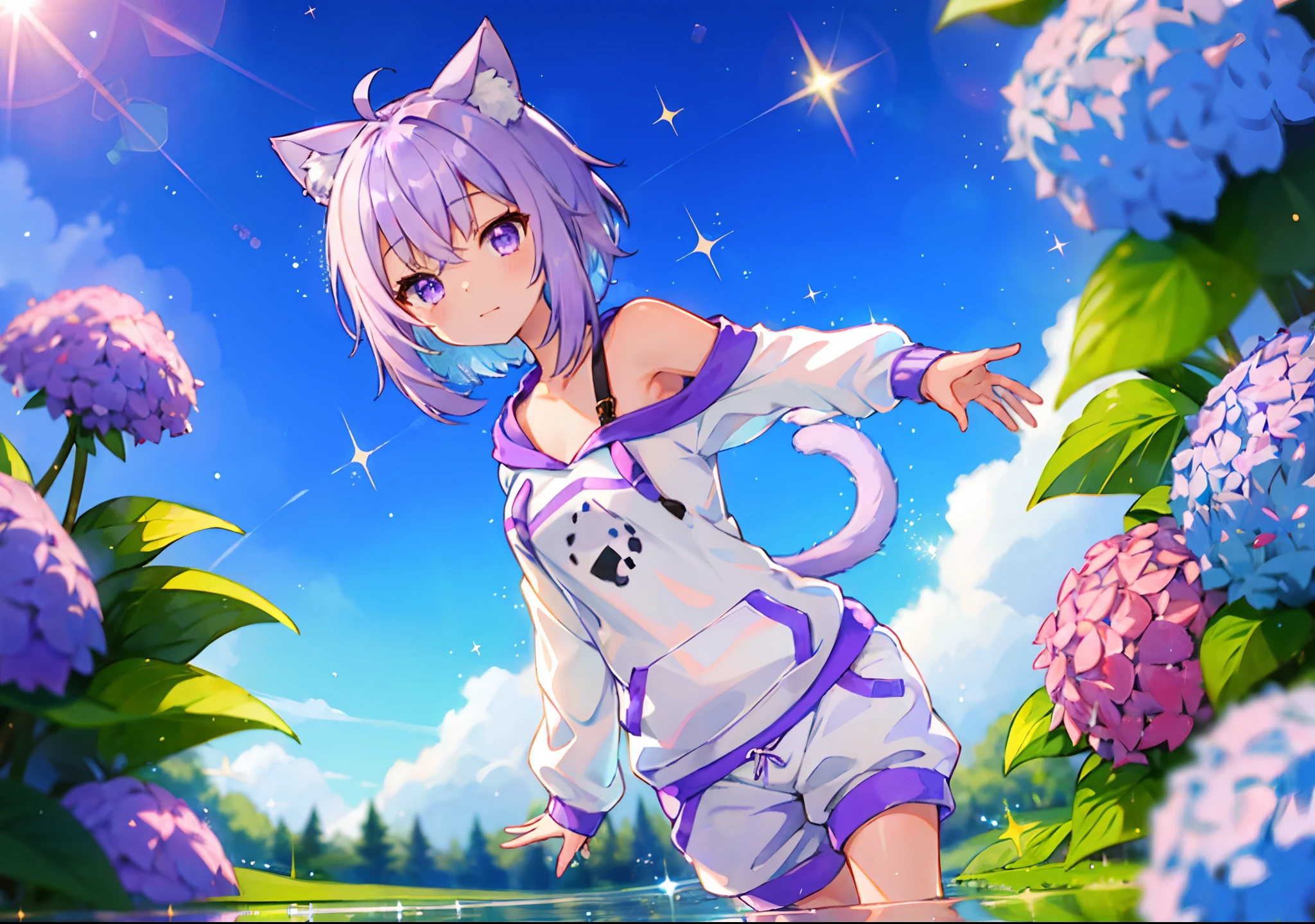 (solo), cute (1girl) walking,path,[from below:1.2],sine short hair, puddle,Water Reflection,rain,floating water drop,hydrangea,(blurry foreground),dynamic angle,asphalt,(blue sky),lens flare,, off-shoulder oversized shirt,(glitter:1.2) presenting armpit, nekomata okayu, cat tail, hoodie, sweatpants,