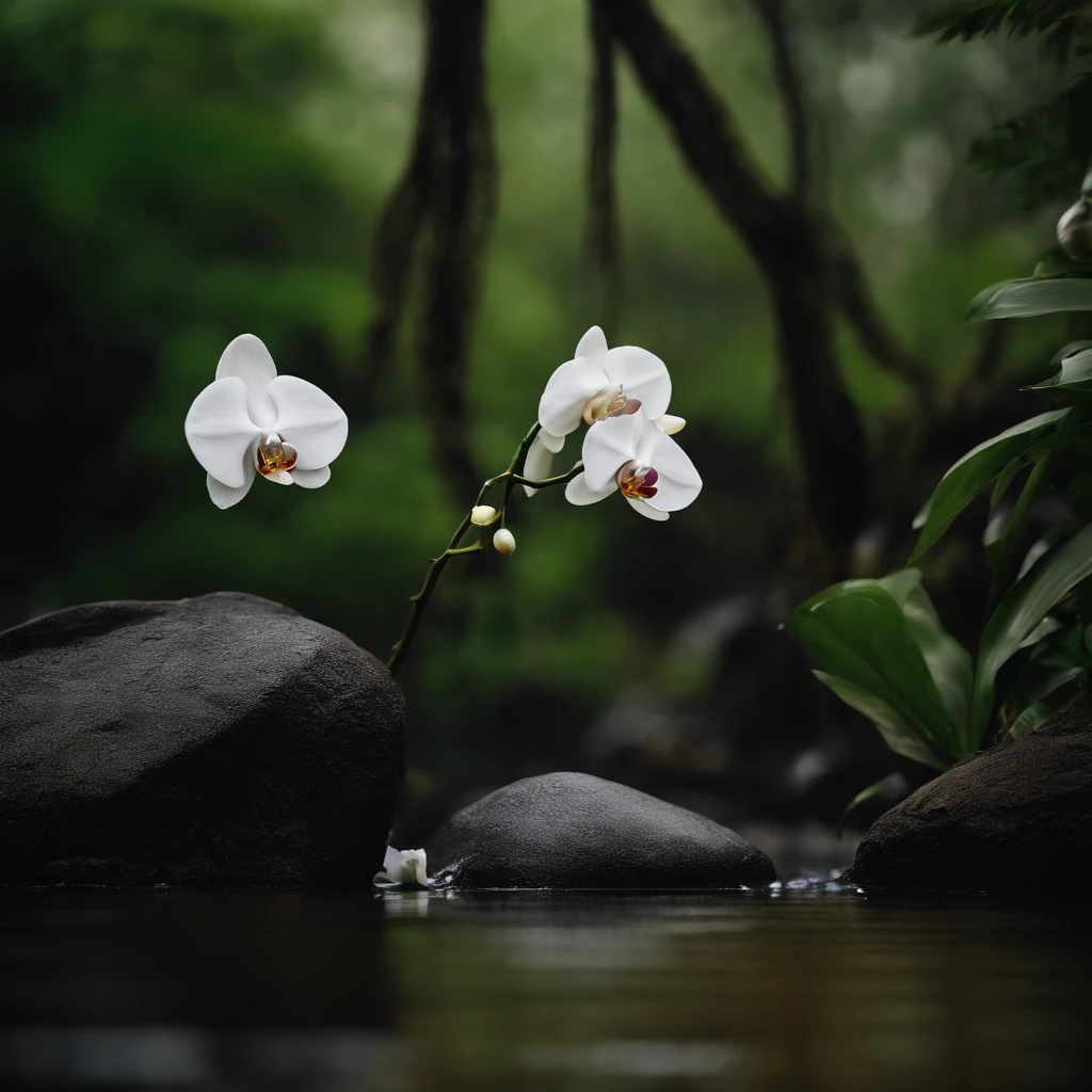 Magnificent view,Mountain top forest edge landscape photography professional high quality nature digital photography,Broad field of view,Bushes in the moonlight,Moonlight 1 White Phalaenopsis orchid on the edge of the cliff,Clear and transparent water,Huge stones stand tall,A majestic,Yamakawa,Simple and beautiful,Minimalist,Deep cyan tones,foggy sky,Nightmare vision, Dark fantasy plot,Perfect and excellent composition,8K分辨率,the detail,Rain trails,dampness,water stain,very wide angle shot,Jack Guzman's environmental art photography,realisticlying