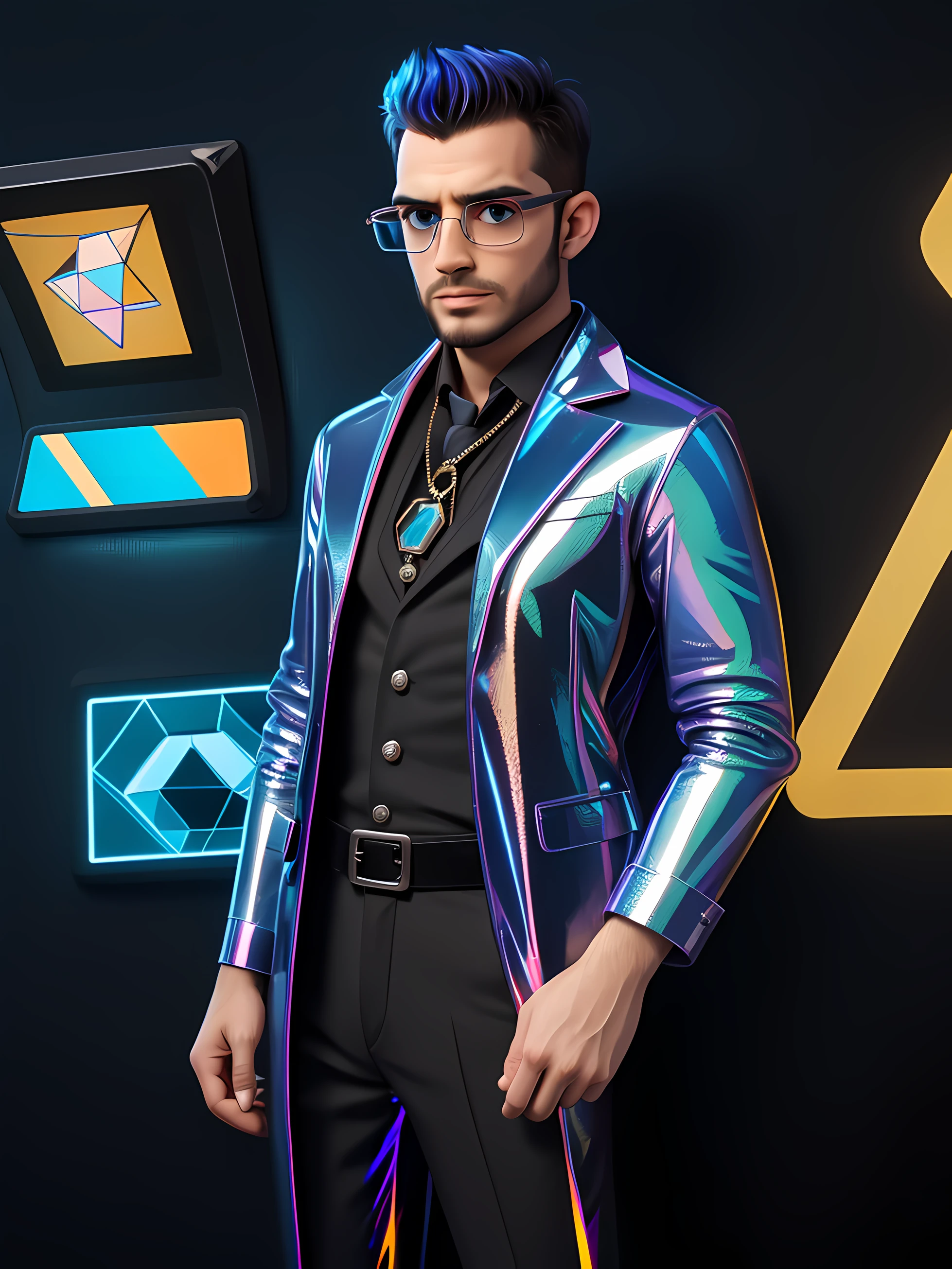 retrato de um homem, com traje de metaleiro, usando roupa de rock, Gothic style, (altamente detalhado: 1.2), Olhos hiperdetalhados e (use of sophisticated high-tech glasses with holographic display:1.2)