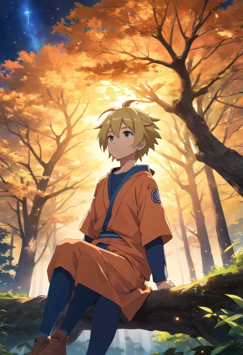(best quality,4k,8k,Altas,master part:1.2),ultra-detalhado,(Realistic,fotorrealista,photo-realistic:1.37), Naruto, ((masculino)), anime, Roupa laranja, blonde hair, Konoha headband, perched in a tree, looking at the starry sky of Konoha