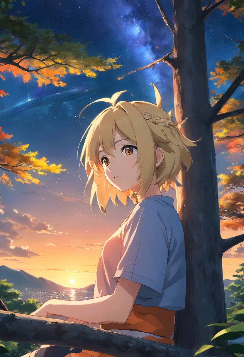 (best quality,4k,8k,Altas,master part:1.2),ultra-detalhado,(Realistic,fotorrealista,photo-realistic:1.37), Naruto, ((masculino)), anime, Roupa laranja, blonde hair, Konoha headband, perched in a tree, looking at the starry sky of Konoha