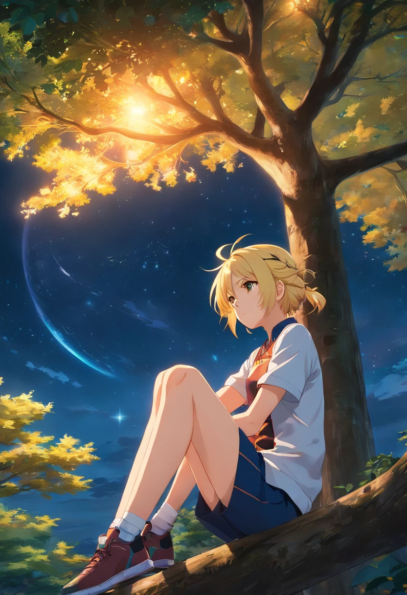 (best quality,4k,8k,Altas,master part:1.2),ultra-detalhado,(Realistic,fotorrealista,photo-realistic:1.37), Naruto, ((masculino)), anime, Roupa laranja, blonde hair, Konoha headband, perched in a tree, looking at the starry sky of Konoha
