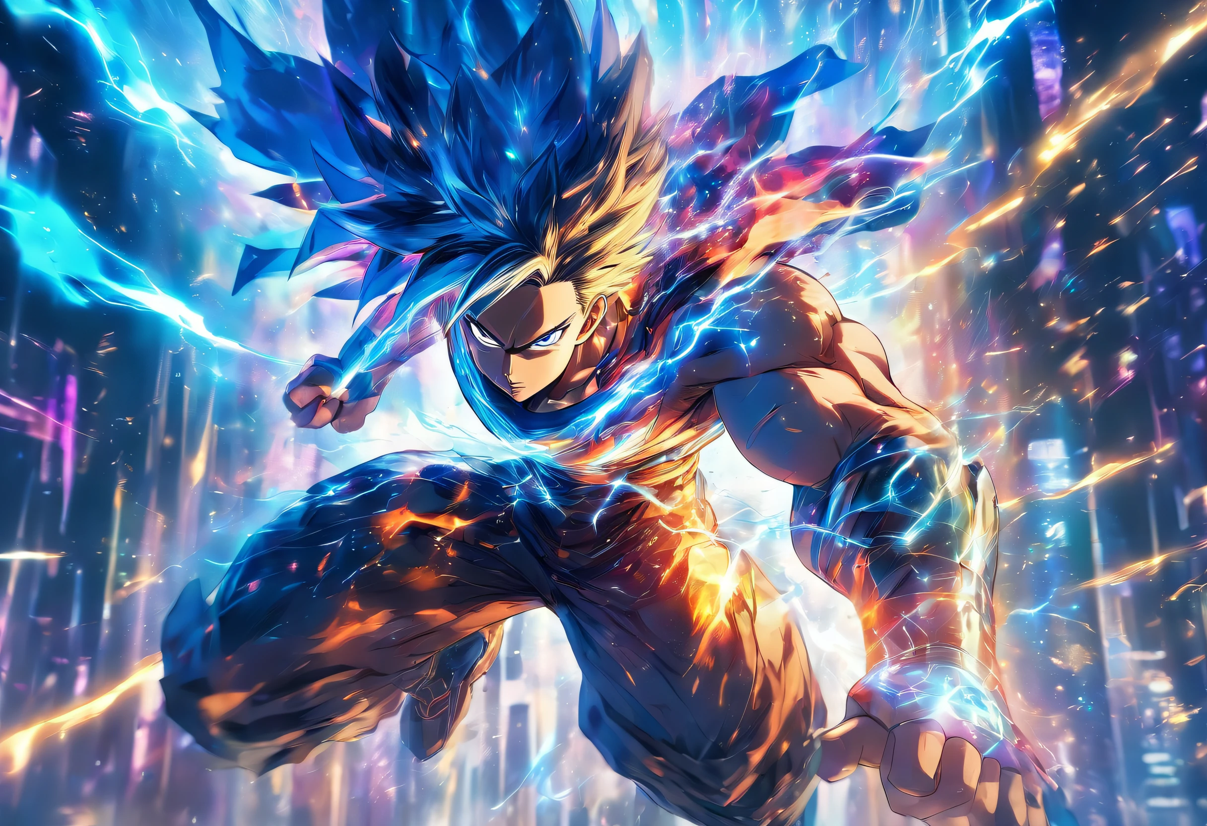 Epic anime starring a man with teleportation powers, (Epic animation style), with amazing visual effects, (fundo futurista), breathtaking effects, (chumbo masculino,superpower:teletransporte,forward animation,extraordinary fx,futuristic backdrop)