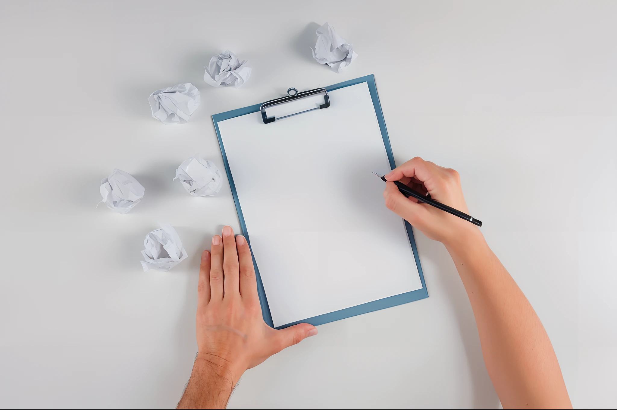 someone writing on a clipboard with a pen and crumpled paper, writing on a clipboard, holding a clipboard, pen and paper, writing a letter, minimalistic composition, blank paper, poster paper with notes, without text, on white paper, clipboard, papers on table, pen on white paper, pencil and paper, on a white table, (add_detail:1.0), 8k, ultra sharp, hd, smooth, sharp focus, 8k, full shot, 105mm portrait lens