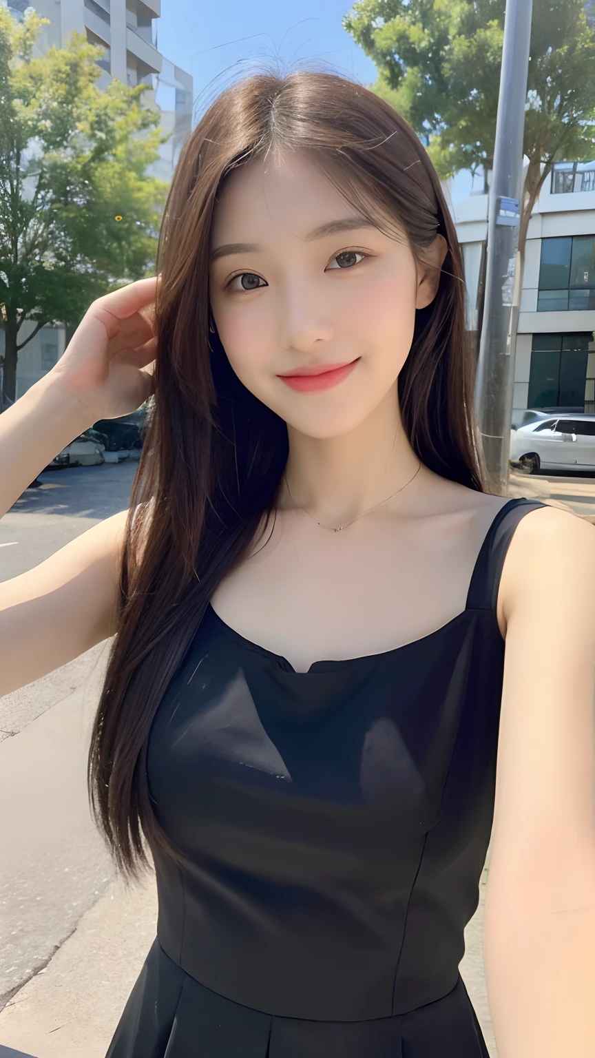 ,Masterpiece, Best quality,8K, 超高分辨率,Reallightandshadow,Cinema lenses,(beautidful eyes:1.1), ((中景 the scene is,The upper part of the body)),dynamicposes,at dusk at golden hour,The goddess stands at the top of a high mountain,Great view of the city。With the setting sun,The sky gradually becomes colorful,Reflect the warm glow in the eyes of the goddess。Her smile seemed to contain endless tolerance and love。,Let everyone feel inner peace and happiness。