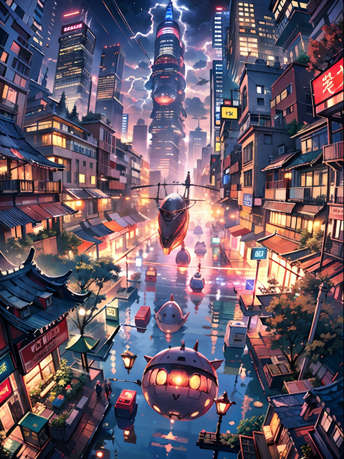 Lots of clouds,heavy fog、twilight,(Lightning:1.5)、Chaotic city of the future、Movie dystopia、(Giant airship:1.5)、A group of very tall skyscrapers stands in the center、Very complex cityscape,Crowded Chinese skyscrapers、Lots of trees、street signs、streetlights、taxis、buses、Train、Vibrant lighting、Dark road、puddles、Chaotic、Beautiful and fantastic scenery、Cinematic scenery、hightquality、masutepiece,in 8K、hight resolution、