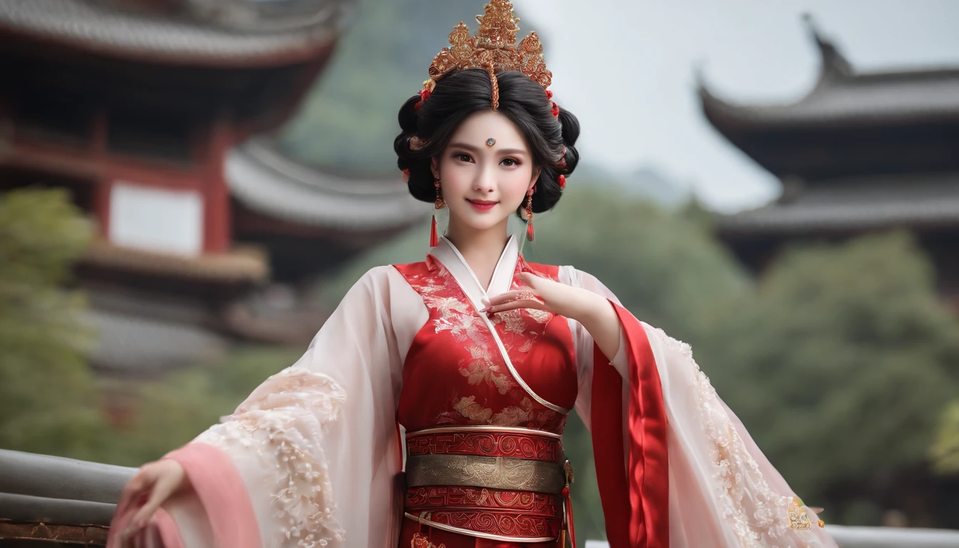 Chinese actress Ruyi Deng's Jyou Xun (Zhou Xun) similar face Qing Dynasty empress seen from the front wearing full-body empress red costume with open front, hairy cunt. Nudity. Chinese drama. Hair parted left and right from the center of the forehead with a large crown of a Chinese empress, tied back, hair tied up with ornamental hair, outside stone tatami of a Qing Dynasty Chinese palace.