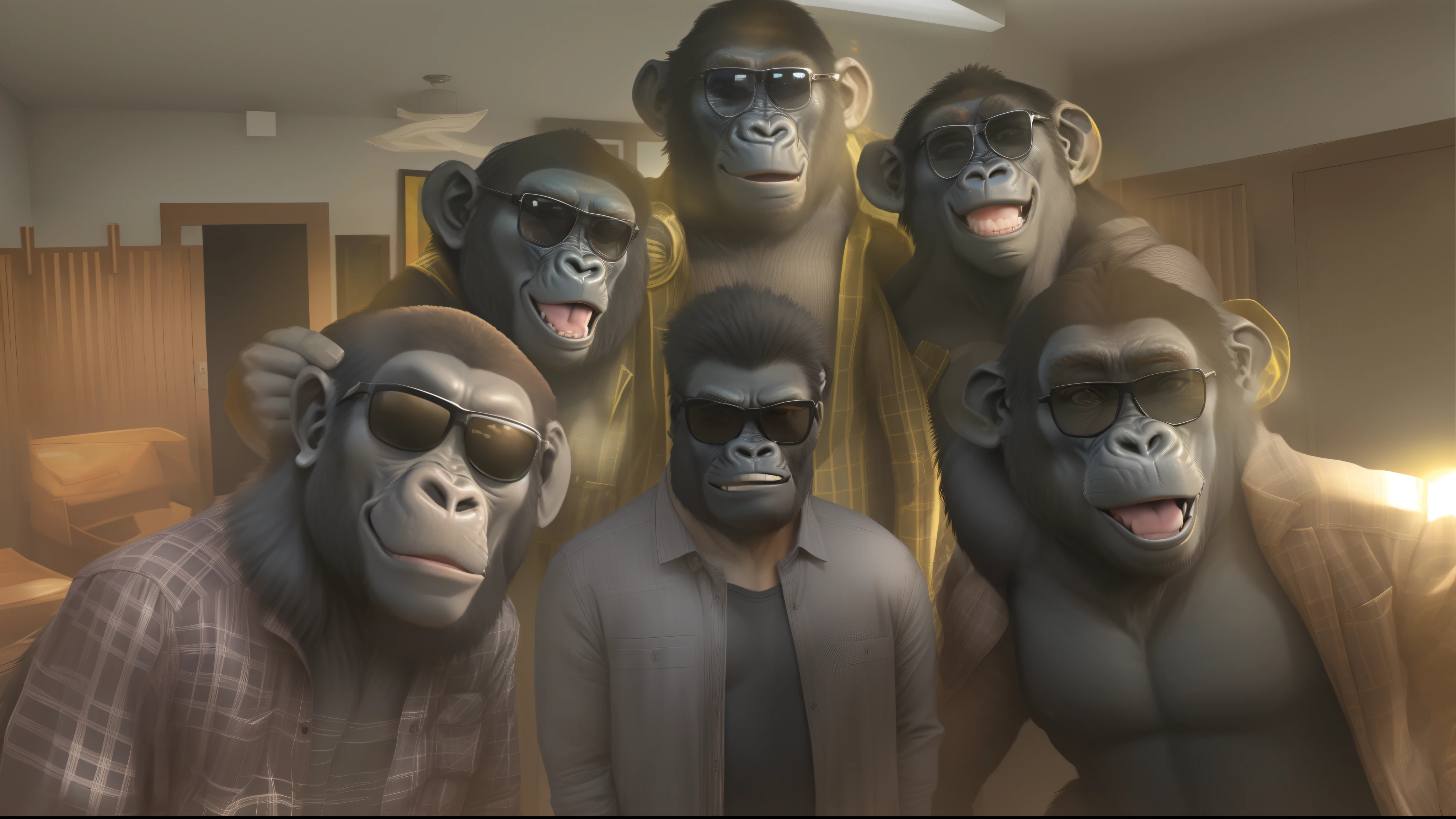 Wear sunglasses、Gorilla standing in a room, gorilla, Looks happy, Wear a checked shirt, Very happy expression, Lunette de soleil、Very realistic、An ultra-high picture quality