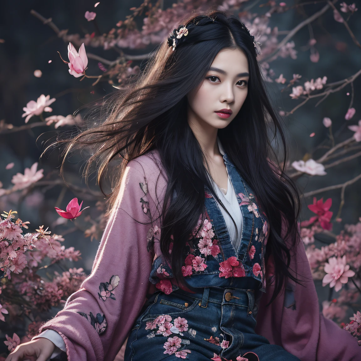 32K(tmasterpiece,k hd,hyper HD,32K)Long flowing black hair,ponds,zydink, a color, Aozhou people (Concubine girl), (Purple silk scarf), Combat posture, looking at the ground, long whitr hair, Floating hair, Carp pattern headdress, Chinese long-sleeved clothing, (Abstract gouache splash:1.2), Pink petal background,Pink and white lotus flowers fly(realisticlying:1.4),Black color hair,Fallen leaves flutter,The background is pure, A high resolution, the detail, RAW photogr, Sharp Re, Nikon D850 Film Stock Photo by Jefferies Lee 4 Kodak Portra 400 Camera F1.6 shots, Rich colors, ultra-realistic vivid textures, Dramatic lighting, Unreal Engine Art Station Trend, cinestir 800,Long flowing black hair,Denim skirt
