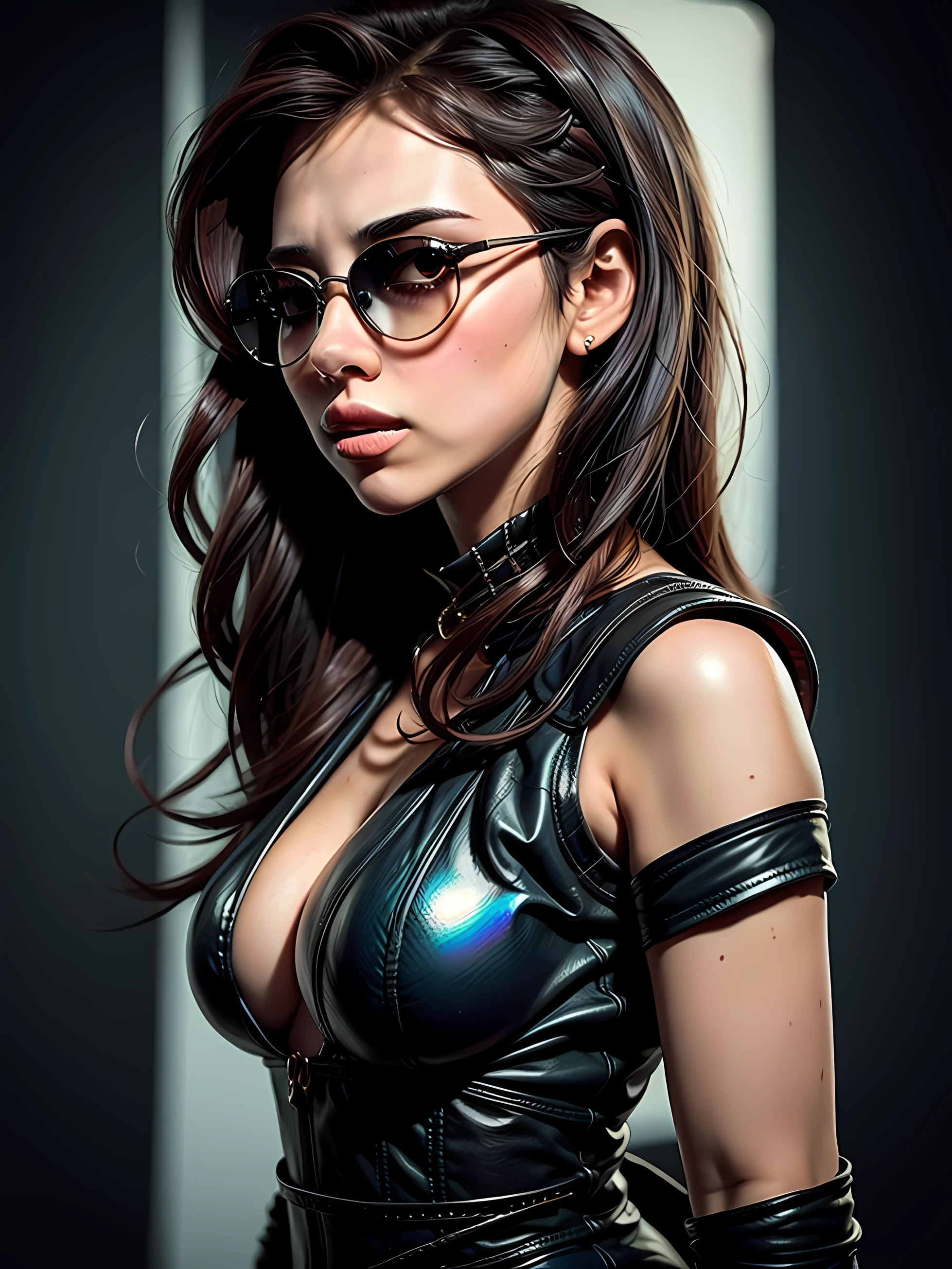Portrait of an attractive beautiful woman with black hair with gothic costume, inspirada em "Scarlett Johansson"(altamente detalhado: 1.2), Hyper-detailed eyes and use of high-tech sunglasses with holographic display 1.2)