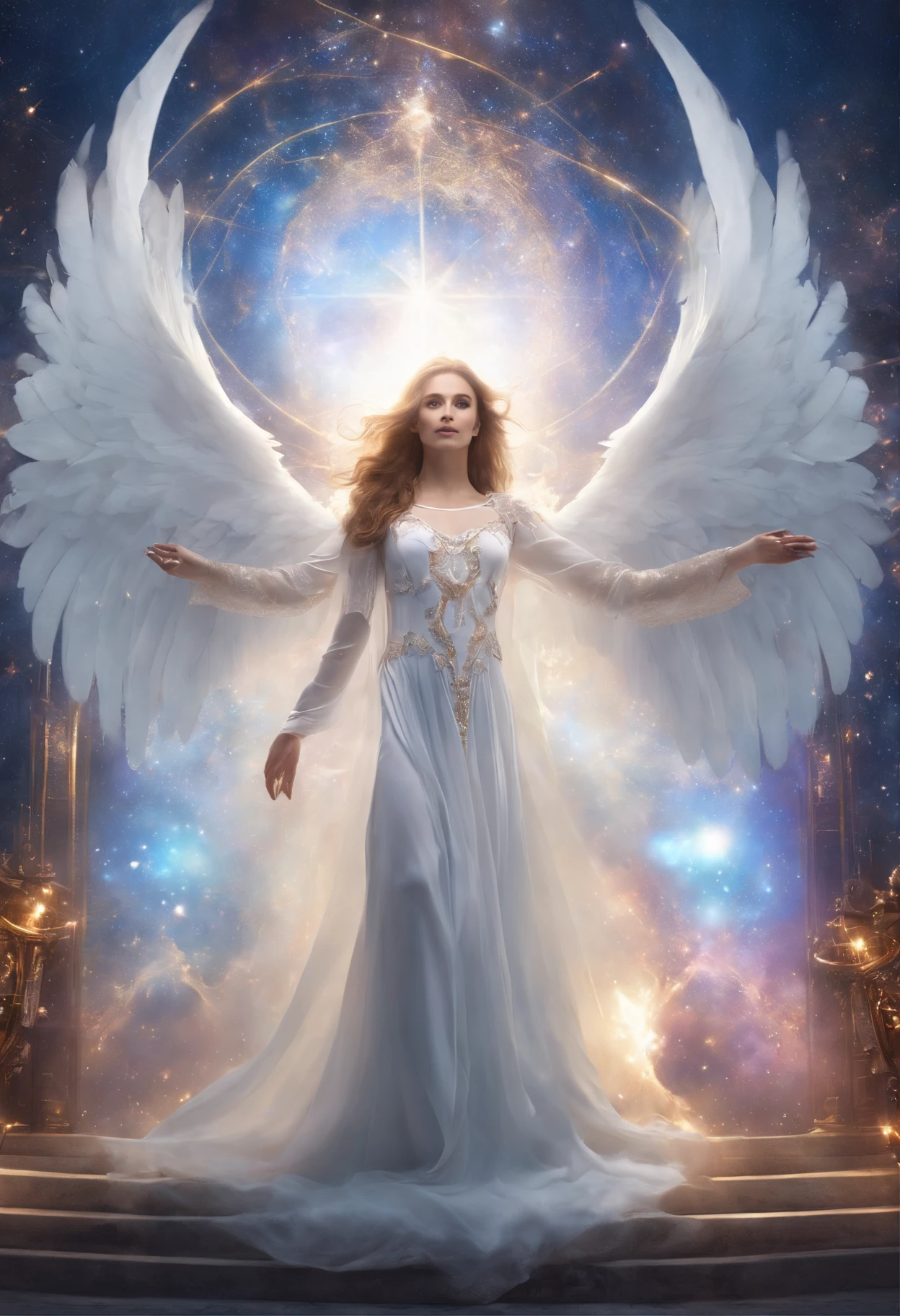 Angel of the universe, bright and clear eyes, Biomechanical, funny, Very bright colors, light Particle, In bright light, Musif, Wallpaper Art, UHD wallpapers、Charisma of light、white clothes、beautiful countenance