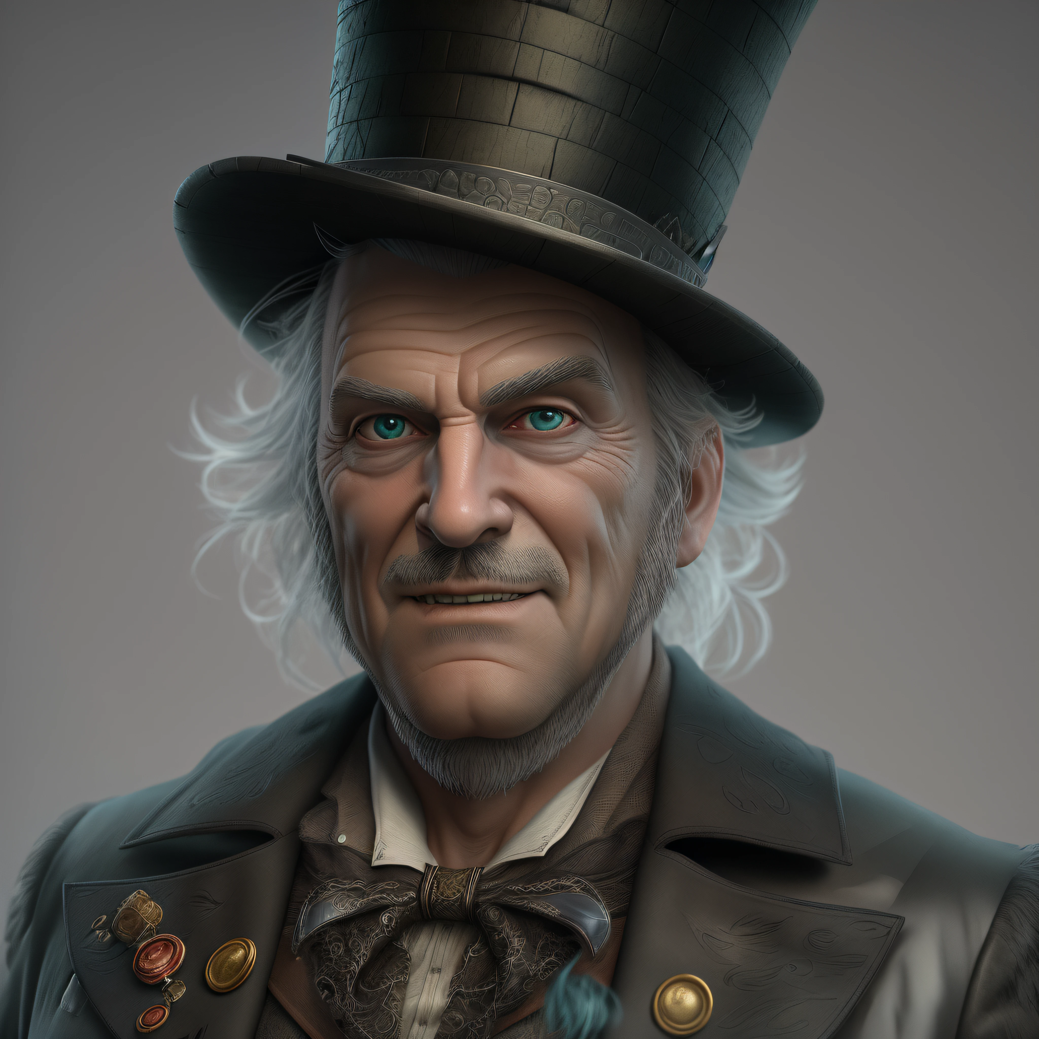 image of a man wearing a top hat, as the Wizard of Oz, madhatter, he is about 60 years old, fantastic realism, fantasy art, trend on cgsociety, 3d, photo-realistic, octane render, unreal engine, ultra-realistic