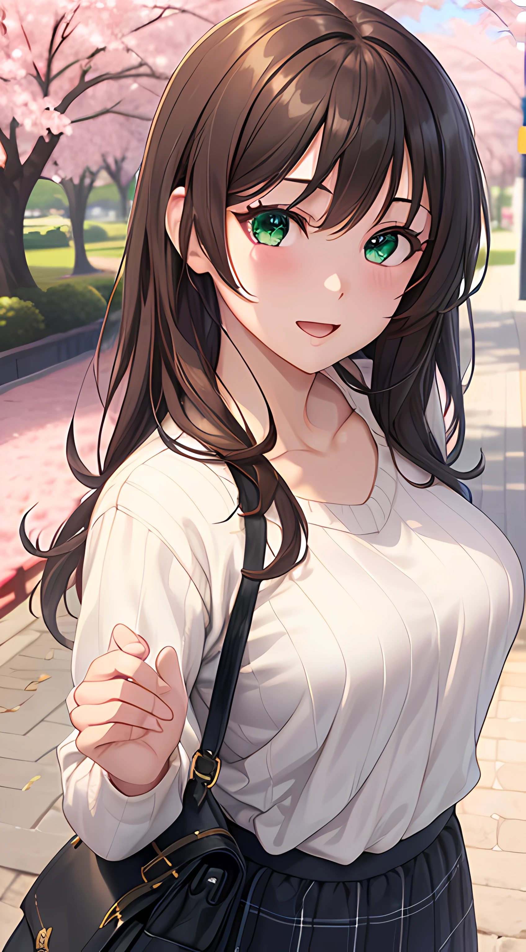 ((masterpiece, best quality, highres, UHD, perfect pixel, depth of field, 4k, RTX, HDR))), 1girl, single, solo, beautiful anime girl, beautiful artstyle, anime character, ((long hair, bangs, brown hair, curly hair:0.8)), ((green eyes:1.4, rounded eyes, beautiful eyelashes, realistic eyes)), ((detailed face, blushing:1.2)), ((smooth texture:0.75, realistic texture:0.65, photorealistic:1.1, anime CG style)), medium breasts, dynamic angle, perfect body, cleavage, ((POV, dynamic pose, portrait)), ((white sweater, long sleeve, black skirt, plaid skirt, fashionable, 1handbag)), smile, open mouth, amusement park, ((cherry blossom tree, cherry blossoms fall))