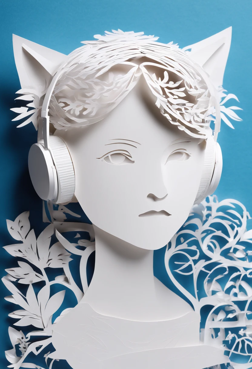 1 girl looking at a kitten white，girl with headphones，masker，The background is blue wall, Wearing Black T-shirt, white hair, photo studio, far view