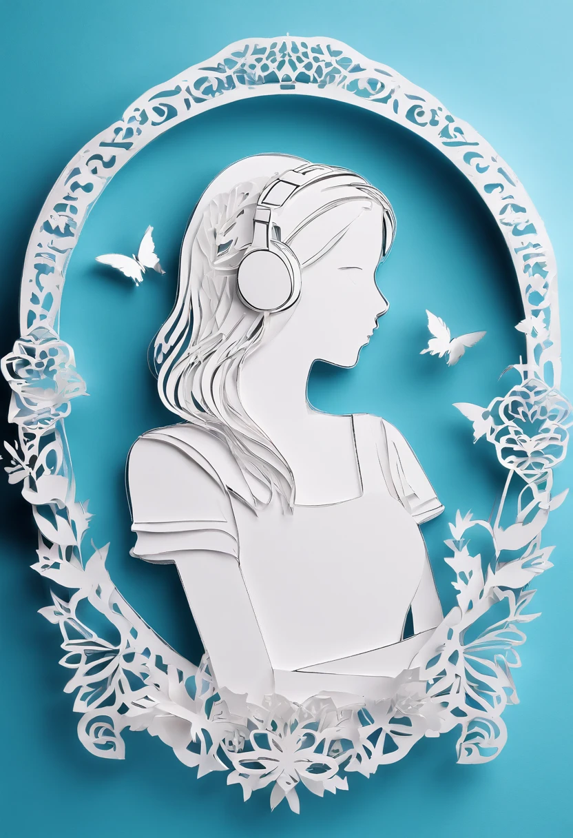 1 girl looking at a kitten white,girl with headphones,masker,The background is blue wall, Wearing Black T-shirt, white hair, photo studio, far view