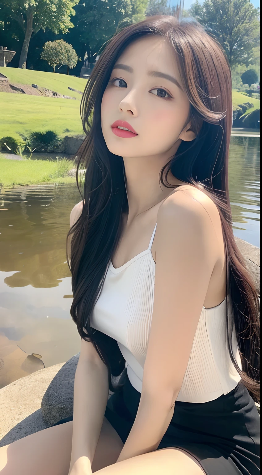 ((Best Quality, 8K, Masterpiece:1.3)), a beautiful girl, pure, melon face, gentle and cute, thin figure, (frontal), (tilted head), looking directly into the camera, [detached sleeves::0], [collared shirt::0], [capri pants::0], black silky long straight hair, long hair flowing over the shoulders, round black big eyes, clear big eyes, moist red lips, sweet, sitting by the pond, blue sky and white clouds, sunshine ,, idyllic background