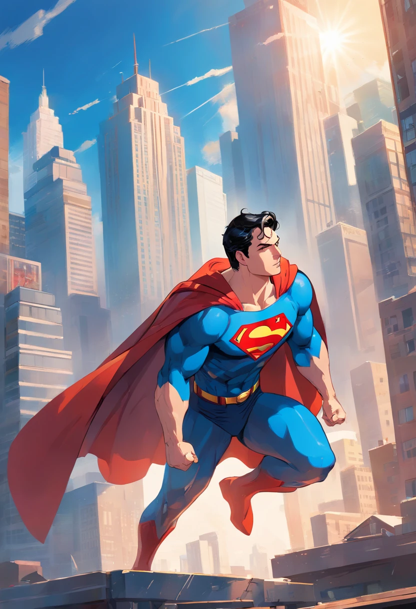 A muscular, powerful Superman in a dynamic flying pose, with a confident and determined expression on his face. His iconic red and blue superhero costume is highly detailed, showing the textures and contours of the fabric. The vibrant colors of the costume, including the bright red cape flowing behind him, create a striking visual impact. The symbol of the House of El, the iconic Superman emblem, is prominently displayed on his chest.
The artwork has a medium of comic book illustration, capturing the essence of DC Comics' beloved character. The lines and shading are crisp and clean, giving the image a dynamic and energetic feel. It combines elements of traditional hand-drawn artwork with digital coloring techniques, resulting in a visually stunning piece.
While Superman takes center stage, the background features the iconic Metropolis skyline with its towering skyscrapers, all bathed in warm sunlight. The buildings are highly detailed, showcasing a mix of contemporary architecture and the classic art deco style that is synonymous with Superman's world.
The lighting in the artwork is dramatic, with sunlight casting strong shadows on Superman's muscular physique, emphasizing his strength and power. The use of highlights and shadows adds depth and dimension to the image, bringing it to life.
The color palette of the artwork is rich and vibrant, with bold primary colors dominating the scene. The red and blue of Superman's costume stand out against the warm tones of the cityscape, creating a visually captivating contrast.
Overall, this artwork is of the best quality, with ultra-detailed and realistic rendering. Every muscle and line on Superman's body is meticulously depicted, highlighting his physical prowess and superhero status. The attention to detail creates a sense of realism, making the viewer feel as if they are witnessing Superman's flight in person.
This prompt is suitable for creating a masterpiece inspired by the iconic superhero Superman, with a mascul