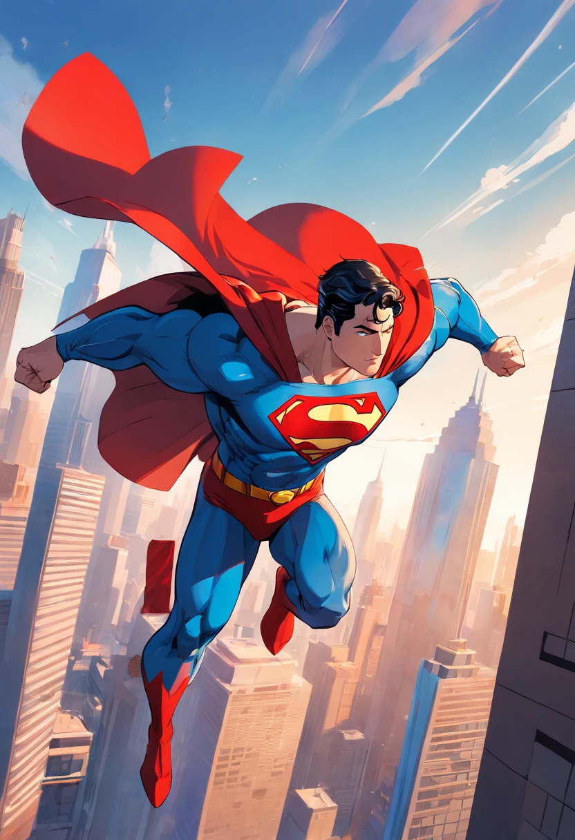 A muscular, powerful Superman in a dynamic flying pose, with a confident and determined expression on his face. His iconic red and blue superhero costume is highly detailed, showing the textures and contours of the fabric. The vibrant colors of the costume, including the bright red cape flowing behind him, create a striking visual impact. The symbol of the House of El, the iconic Superman emblem, is prominently displayed on his chest.

The artwork has a medium of comic book illustration, capturing the essence of DC Comics' beloved character. The lines and shading are crisp and clean, giving the image a dynamic and energetic feel. It combines elements of traditional hand-drawn artwork with digital coloring techniques, resulting in a visually stunning piece.

While Superman takes center stage, the background features the iconic Metropolis skyline with its towering skyscrapers, all bathed in warm sunlight. The buildings are highly detailed, showcasing a mix of contemporary architecture and the classic art deco style that is synonymous with Superman's world.

The lighting in the artwork is dramatic, with sunlight casting strong shadows on Superman's muscular physique, emphasizing his strength and power. The use of highlights and shadows adds depth and dimension to the image, bringing it to life.

The color palette of the artwork is rich and vibrant, with bold primary colors dominating the scene. The red and blue of Superman's costume stand out against the warm tones of the cityscape, creating a visually captivating contrast.

Overall, this artwork is of the best quality, with ultra-detailed and realistic rendering. Every muscle and line on Superman's body is meticulously depicted, highlighting his physical prowess and superhero status. The attention to detail creates a sense of realism, making the viewer feel as if they are witnessing Superman's flight in person.

This prompt is suitable for creating a masterpiece inspired by the iconic superhero Superman, with a mascul