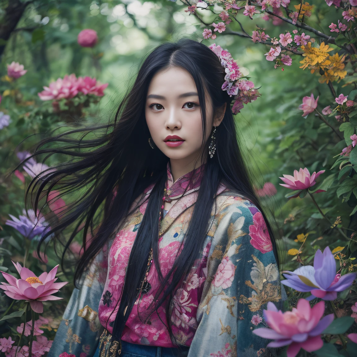 32K(tmasterpiece,k hd,hyper HD,32K)Long flowing black hair,ponds,zydink, a color, Aozhou people (Concubine girl), (Purple silk scarf), Combat posture, looking at the ground, long whitr hair, Floating hair, Carp pattern headdress, Chinese long-sleeved clothing, (Abstract gouache splash:1.2), Pink petal background,Pink and white lotus flowers fly(realisticlying:1.4),Black color hair,Fallen leaves flutter,The background is pure, A high resolution, the detail, RAW photogr, Sharp Re, Nikon D850 Film Stock Photo by Jefferies Lee 4 Kodak Portra 400 Camera F1.6 shots, Rich colors, ultra-realistic vivid textures, Dramatic lighting, Unreal Engine Art Station Trend, cinestir 800,Long flowing black hair,Denim skirt