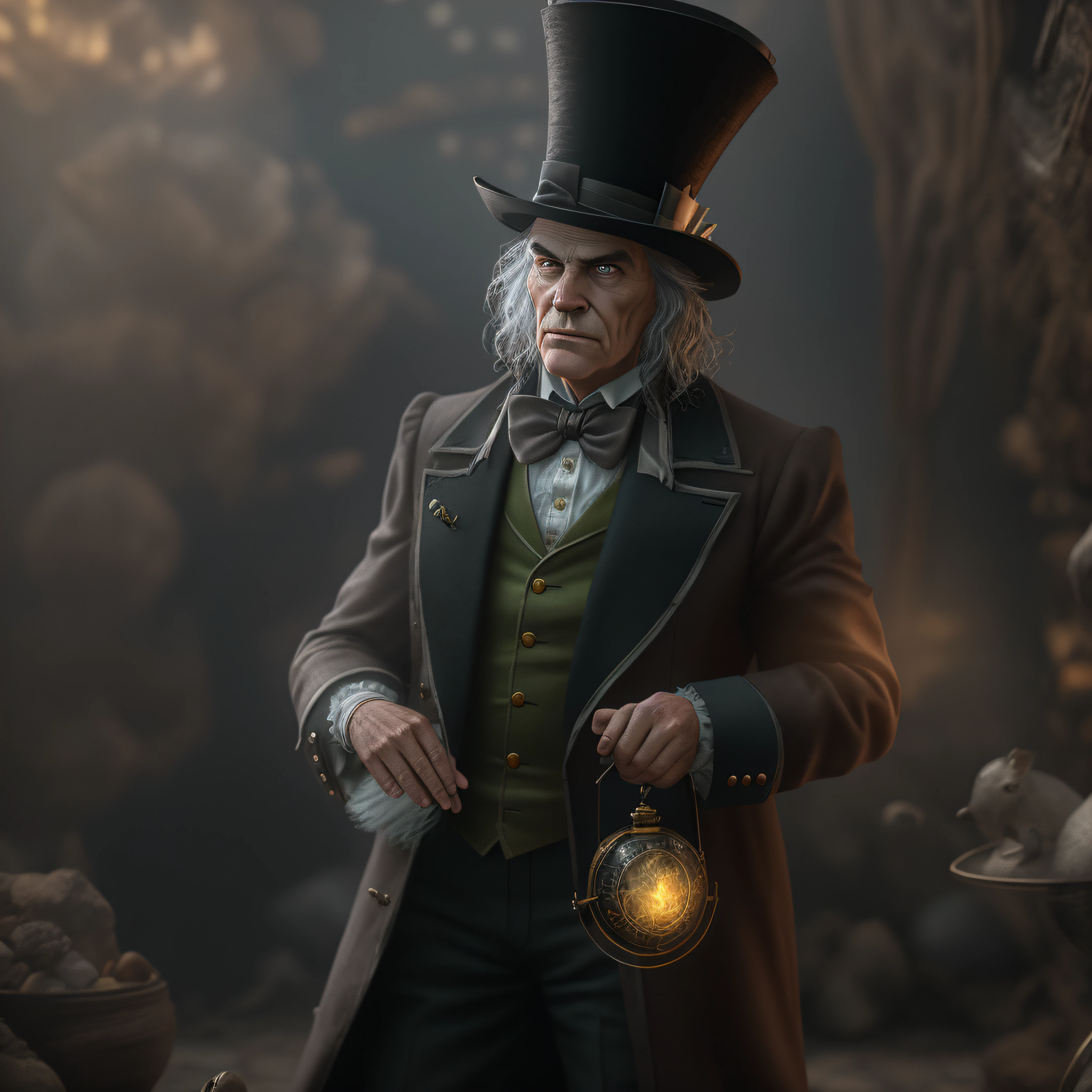 image of a man wearing a top hat, as the Wizard of Oz, madhatter, he is about 60 years old, fantastic realism, fantasy art, trend on cgsociety, 3d, photo-realistic, octane render, unreal engine, ultra-realistic
