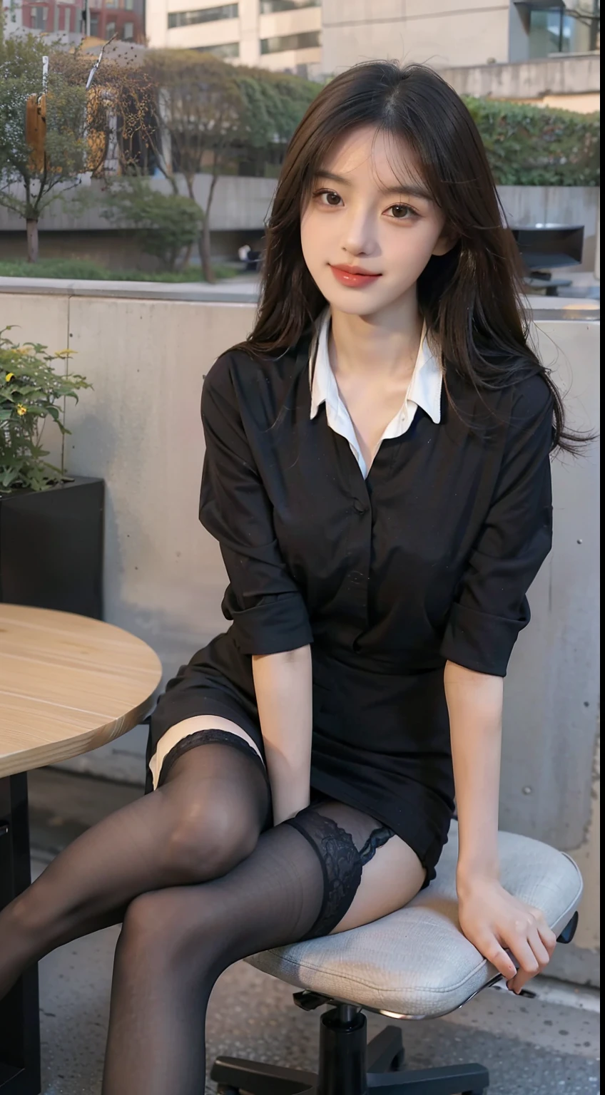 best qualtiy, Full body like,refined face,kawaii faces,25 years old female,slimfigure,Smaller bust,Office Lady Uniform,Office wear,black lence stockings,Outdoor Scene,sit pose,Yellow long hair