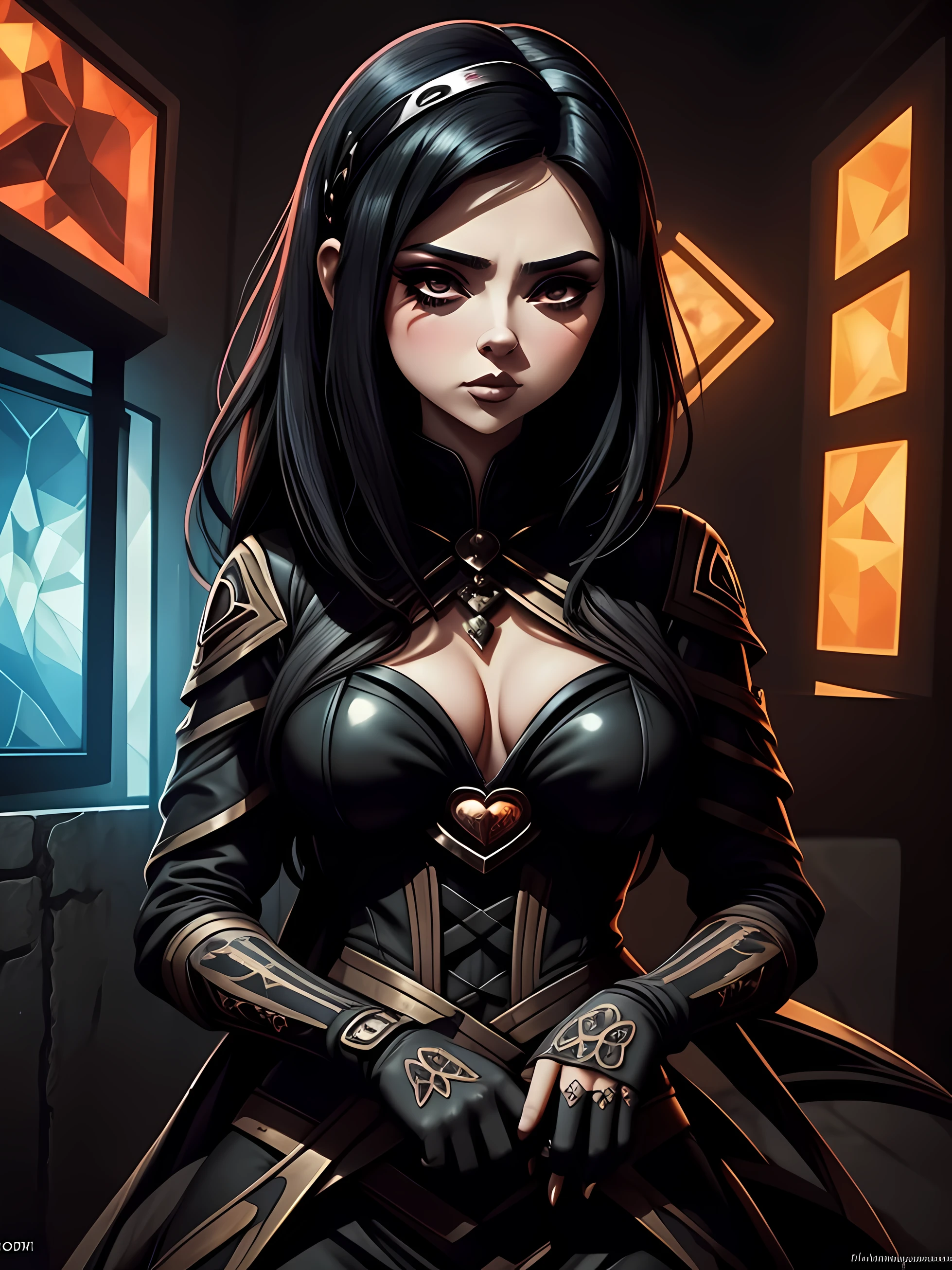 Portrait of an attractive beautiful woman with black hair with gothic costume, inspirada em "Scarlett Johansson"(altamente detalhado: 1.2), Hyper-detailed eyes and use of high-tech sunglasses with holographic display 1.2)