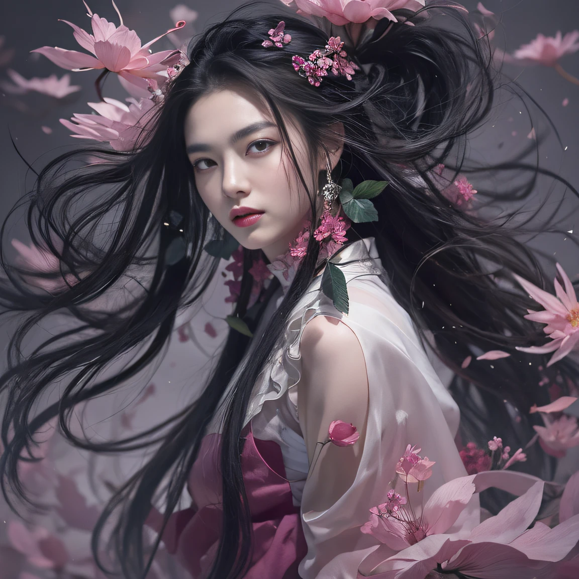 32K（tmasterpiece，k hd，hyper HD，32K）Long flowing black hair，ponds，zydink， a color， Aozhou people （Concubine girl）， （Purple silk scarf）， Combat posture， looking at the ground， long whitr hair， Floating hair， Carp pattern headdress， Chinese long-sleeved clothing， （Abstract gouache splash：1.2）， Pink petal background，Pink and white lotus flowers fly（realisticlying：1.4），Black color hair，Fallen leaves flutter，The background is pure， A high resolution， the detail， RAW photogr， Sharp Re， Nikon D850 Film Stock Photo by Jefferies Lee 4 Kodak Portra 400 Camera F1.6 shots, Rich colors, ultra-realistic vivid textures, Dramatic lighting, Unreal Engine Art Station Trend, cinestir 800，Long flowing black hair，Denim skirt