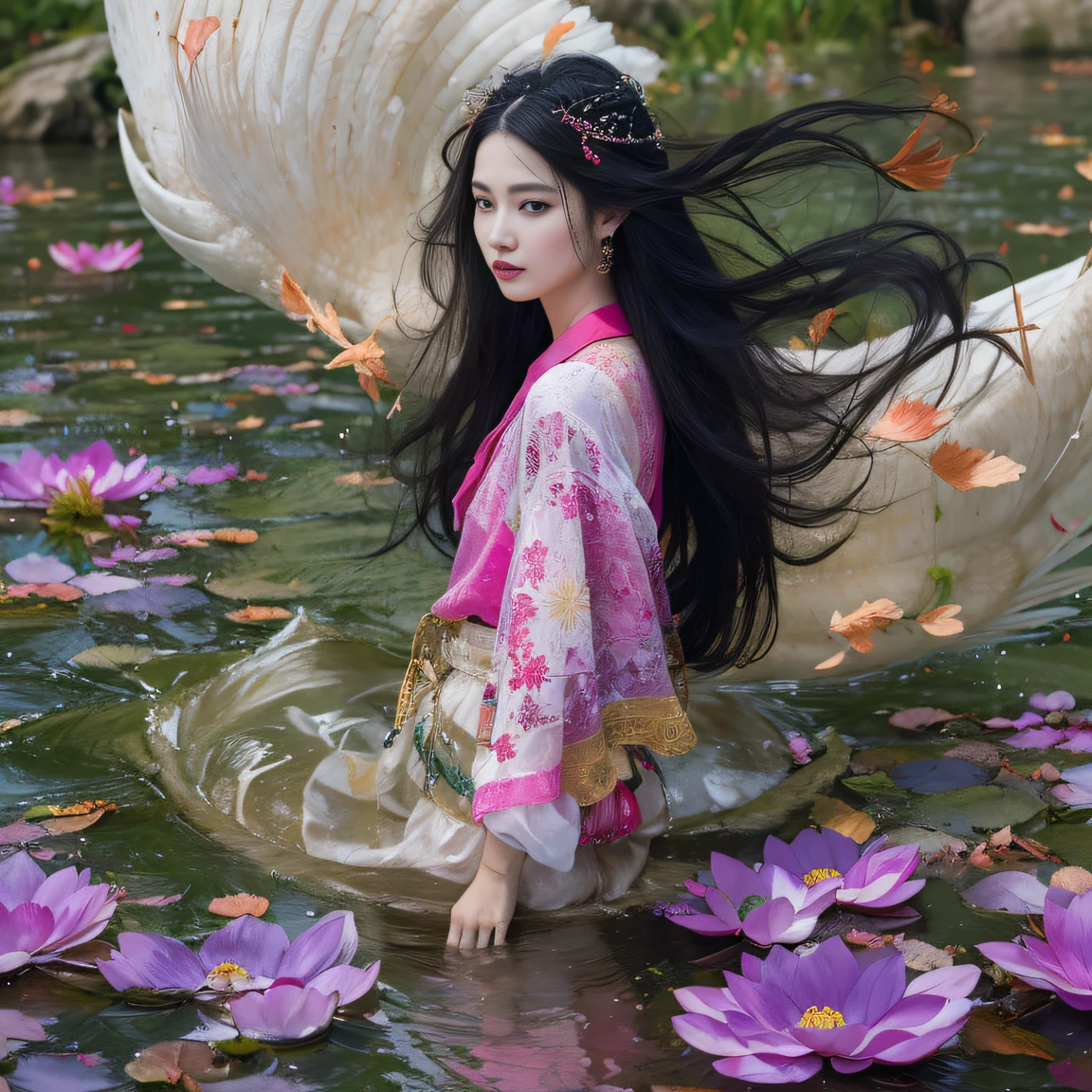 32K(tmasterpiece,k hd,hyper HD,32K)Long flowing black hair,ponds,zydink, a color, Aozhou people (Concubine girl), (Purple silk scarf), Combat posture, looking at the ground, long whitr hair, Floating hair, Carp pattern headdress, Chinese long-sleeved clothing, (Abstract gouache splash:1.2), Pink petal background,Pink and white lotus flowers fly(realisticlying:1.4),Black color hair,Fallen leaves flutter,The background is pure, A high resolution, the detail, RAW photogr, Sharp Re, Nikon D850 Film Stock Photo by Jefferies Lee 4 Kodak Portra 400 Camera F1.6 shots, Rich colors, ultra-realistic vivid textures, Dramatic lighting, Unreal Engine Art Station Trend, cinestir 800,Long flowing black hair,Denim skirt