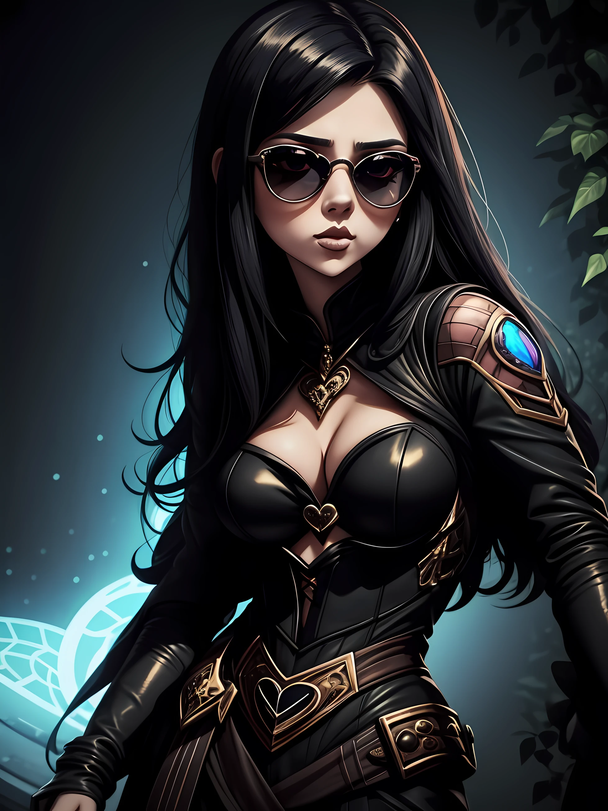 Portrait of an attractive beautiful woman with black hair with gothic costume, inspirada em "Scarlett Johansson"(altamente detalhado: 1.2), Hyper-detailed eyes and use of high-tech sunglasses with holographic display 1.2)