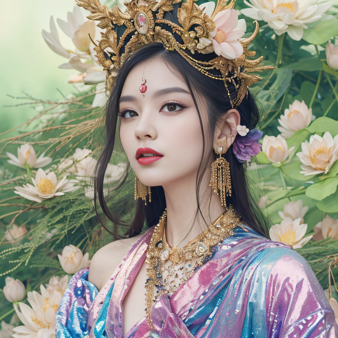 32K(tmasterpiece,k hd,hyper HD,32K)Long flowing black hair,ponds,zydink, a color, Aozhou people (Concubine girl), (Purple silk scarf), Combat posture, looking at the ground, long whitr hair, Floating hair, Carp pattern headdress, Chinese long-sleeved clothing, Beautiful woman sitting in a golden car, (((Golden lotus throne))),The woman wears a light blue dress,Light blue pants,(((Head background with round light))),(((Behind it is the sun))),(((Women emit bright and dazzling blue light))),Women have three heads,In total, The arm has eight mudras,Take all kinds of metal weapons,Barefoot on both feet,There are seven piglets pulling carts in front,goddess of love and peace, indian goddess of wealth, Heavenly Bodhisattva, goddess art, goddess of wisdom, an ancient Chinese goddess,photorealestic,professional photoshooting,Realiy,超高分辨率,tmasterpiece,(Abstract gouache splash:1.2), Pink petal background,Pink and white lotus flowers fly(realisticlying:1.4),Black color hair,Fallen leaves flutter,The background is pure, A high resolution, the detail, RAW photogr, Sharp Re, Nikon D850 Film Stock Photo by Jefferies Lee 4 Kodak Portra 400 Camera F1.6 shots, Rich colors, ultra-realistic vivid textures, Dramatic lighting, Unreal Engine Art Station Trend, cinestir 800,Long flowing black hair,Denim skirt