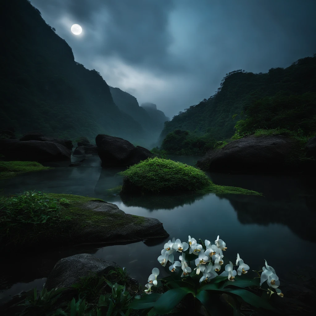 Magnificent view,Mountain top forest edge landscape photography professional high quality nature digital photography,Broad field of view,Bushes in the moonlight,Moonlight 1 White Phalaenopsis orchids on the edge of the cliff,Clear and transparent water,Huge stones stand tall,A majestic,Yamakawa,Simple and beautiful,Minimalist,Dark gray+Deep cyan tones,foggy sky,Nightmare vision, Dark fantasy plot,Perfect and excellent composition,8K分辨率,the detail,Rain trails,dampness,water stain,very wide angle shot,Jack Guzman's environmental art photography,realisticlying