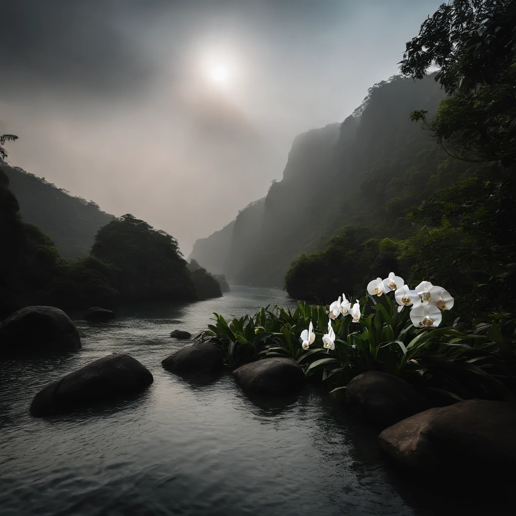 Magnificent view,Mountain top forest edge landscape photography professional high quality nature digital photography,Broad field of view,Bushes in the moonlight,Moonlight 1 White Phalaenopsis orchids on the edge of the cliff,Clear and transparent water,Huge stones stand tall,A majestic,Yamakawa,Simple and beautiful,Minimalist,Dark gray+Deep cyan tones,foggy sky,Nightmare vision, Dark fantasy plot,Perfect and excellent composition,8K分辨率,the detail,Rain trails,dampness,water stain,very wide angle shot,Jack Guzman's environmental art photography,realisticlying