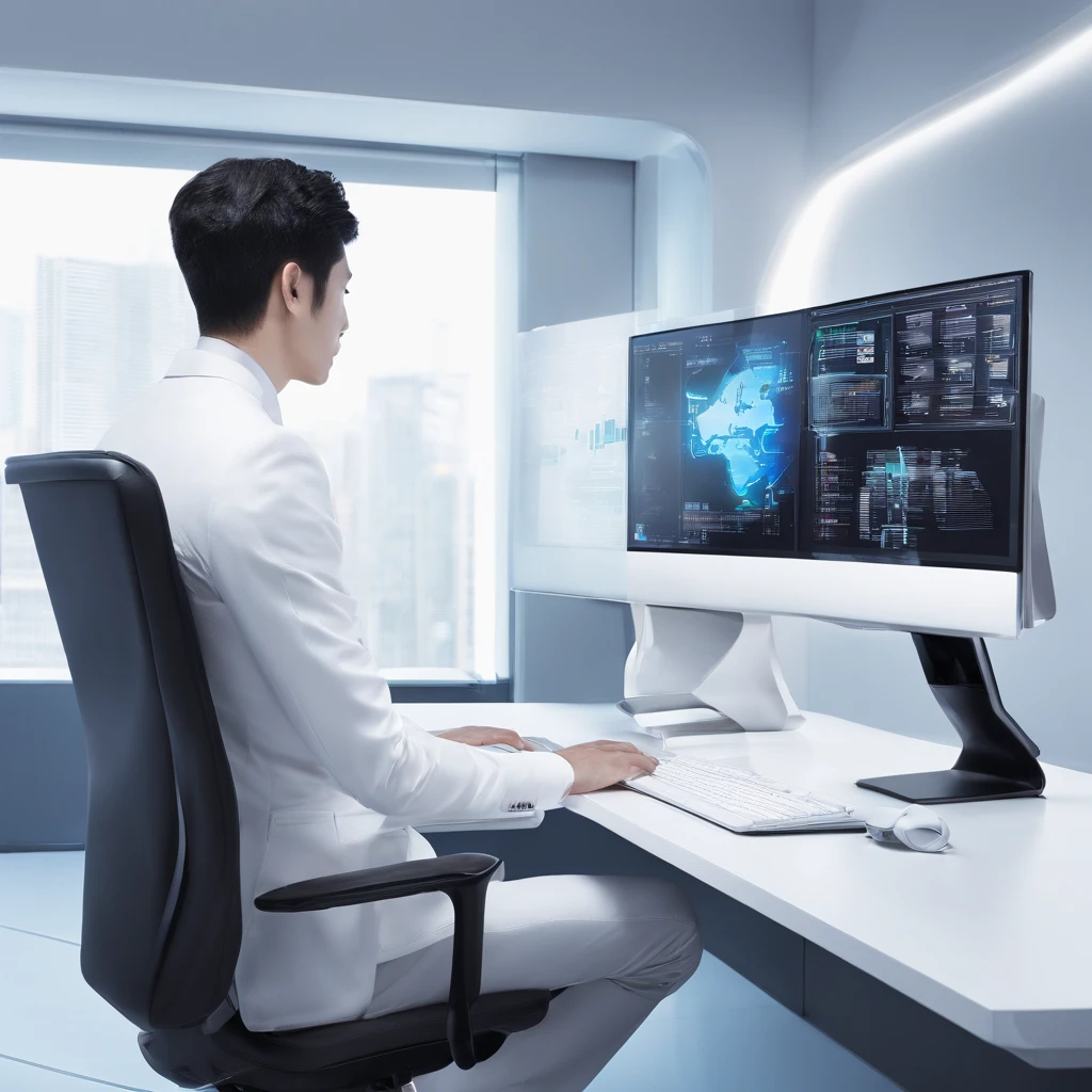 white walls　Two displays　Programming at a desk　1人　suits　japanes　male people　from side
