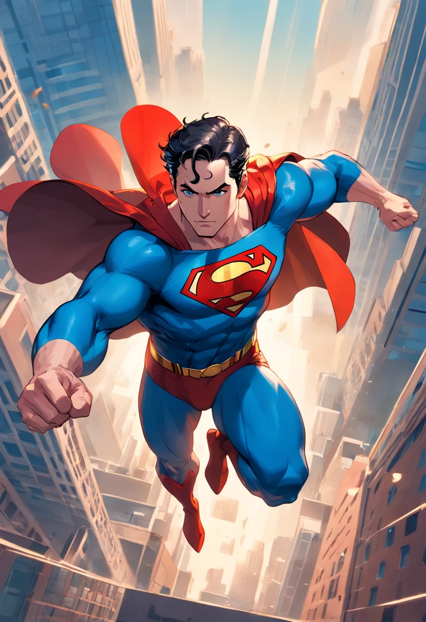 one muscle, Powerful Superman in a dynamic flying pose, with a confident and determined expression on his face. His iconic red and blue superhero costume is highly detailed, mostrando as texturas e contornos do tecido. As cores vibrantes do traje, including the bright red cloak that flows behind him, Crie um impacto visual impressionante. The symbol of His House, the iconic Superman emblem, is prominently displayed on his chest. The work has a medium of comic book illustration, capturing the essence of the beloved DC Comics character. The lines and shading are crisp and clean, giving the image a dynamic and energetic feel. Combines elements of traditional hand-drawn artwork with digital coloring techniques, resulting in a visually stunning piece. Enquanto Superman assume o centro do palco, the background features the iconic skyline of Metropolis with its towering skyscrapers, todos banhados pela luz quente do sol. The buildings are highly detailed, featuring a blend of contemporary architecture and the classic art deco style that is synonymous with the world of Superman. The lighting in the artwork is dramatic, with sunlight casting strong shadows on Superman's muscular physique, emphasizing their strength and power. Using highlights and shadows adds depth and dimension to the image, Bringing it to life. The color palette of the work is rich and vibrant, with bold primary colors dominating the scene. O vermelho e o azul do traje do Superman se destacam contra os tons quentes da paisagem urbana, criando um contraste visualmente cativante. Geral, This work is of the best quality, com ultra-detalhado, realism rendering. Every muscle and line in Superman's body is meticulously portrayed, highlighting his physical prowess and superhero status. Attention to detail creates a sense of realism, fazendo com que o espectador se sinta como se estivesse testemunhando o voo do Superman pessoalmente. This prompt is suitable for