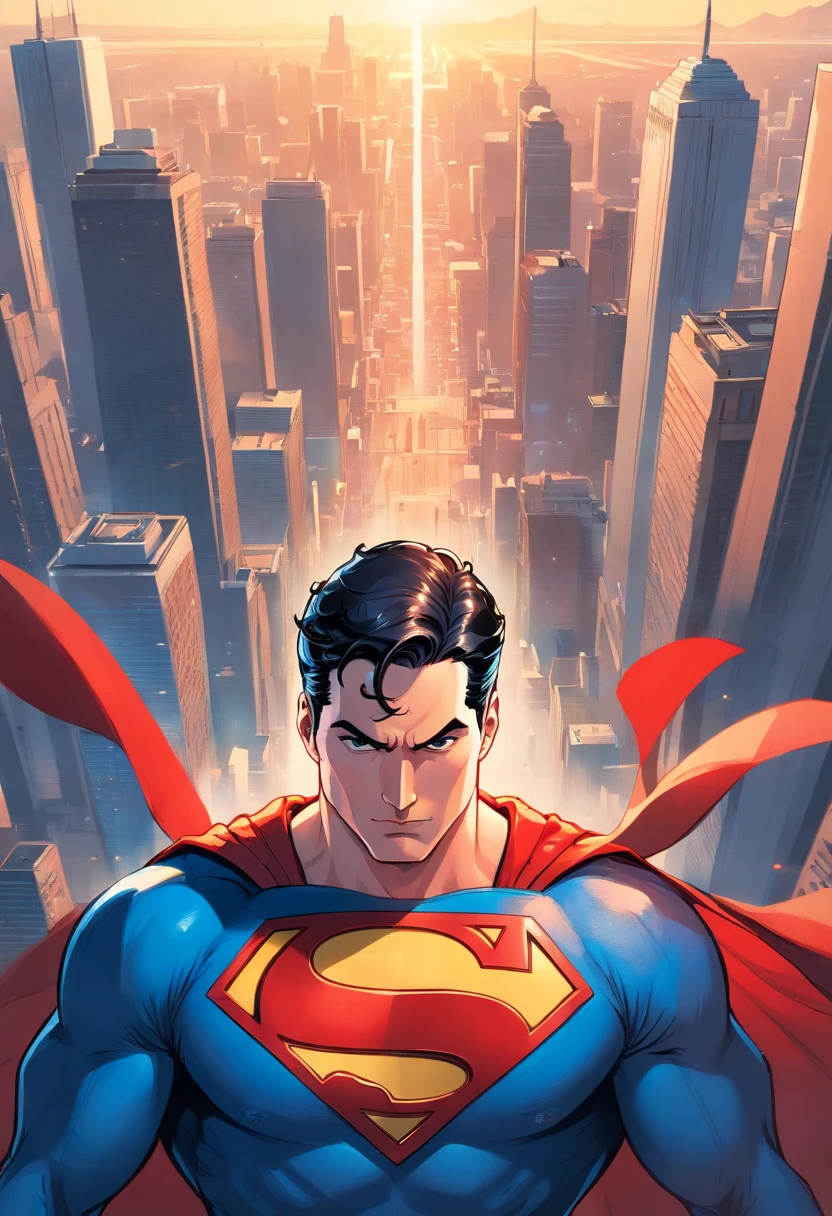 one muscle, Powerful Superman in a dynamic flying pose, with a confident and determined expression on his face. His iconic red and blue superhero costume is highly detailed, mostrando as texturas e contornos do tecido. As cores vibrantes do traje, including the bright red cloak that flows behind him, Crie um impacto visual impressionante. The symbol of the House of Him, the iconic Superman emblem, is prominently displayed on his chest.

The work has a medium of comic book illustration, capturing the essence of the beloved DC Comics character. The lines and shading are crisp and clean, giving the image a dynamic and energetic feel. It combines elements of traditional hand-drawn artworks with digital coloring techniques, resulting in a visually stunning piece.

Enquanto Superman assume o centro do palco, the background features the iconic skyline of Metropolis with its towering skyscrapers, todos banhados pela luz quente do sol. The buildings are highly detailed, featuring a blend of contemporary architecture and the classic art deco style that is synonymous with the world of Superman.

The lighting in the artwork is dramatic, with sunlight casting strong shadows on Superman's muscular physique, emphasizing their strength and power. Using highlights and shadows adds depth and dimension to the image, Bringing it to life.

The color palette of the work is rich and vibrant, with bold primary colors dominating the scene. O vermelho e o azul do traje do Superman se destacam contra os tons quentes da paisagem urbana, criando um contraste visualmente cativante.

Geral, This work is of the best quality, with ultra-detailed, realistic rendering. Every muscle and line in Superman's body is meticulously portrayed, highlighting his physical prowess and superhero status. Attention to detail creates a sense of realism, fazendo com que o espectador se sinta como se estivesse testemunhando o voo do Superman pessoalmente.

This prompt is suitable for