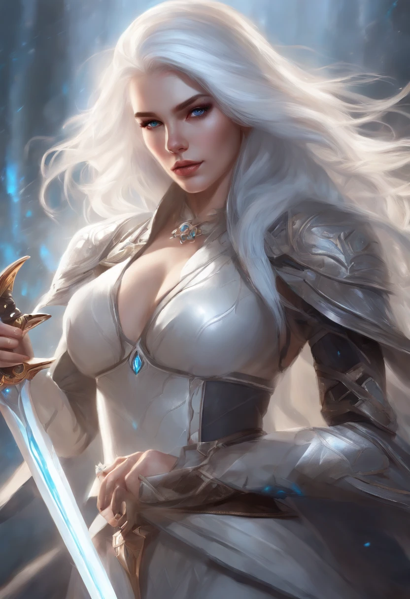 a woman with long white hair and blue eyes holding a sword, a character portrait inspired by rossdraws, Artstation contest winner, fantasy art, cyborg - girl with silver hair, perfect white haired girl, extremely detailed artgerm, artgerm and rossdraws, a beautiful sorceress, style artgerm, painted in the style arcane