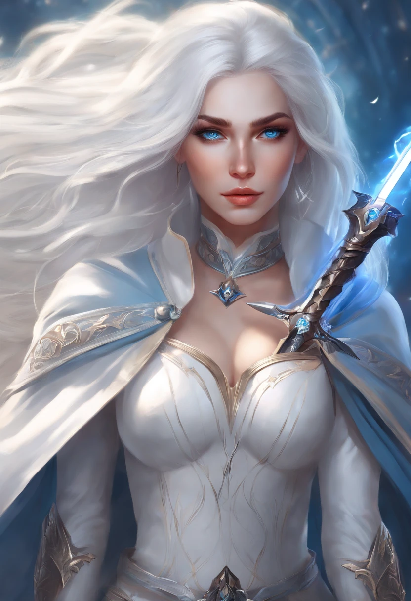 a woman with long white hair and blue eyes holding a sword, a character portrait inspired by rossdraws, Artstation contest winner, fantasy art, cyborg - girl with silver hair, perfect white haired girl, extremely detailed artgerm, artgerm and rossdraws, a beautiful sorceress, style artgerm, painted in the style arcane
