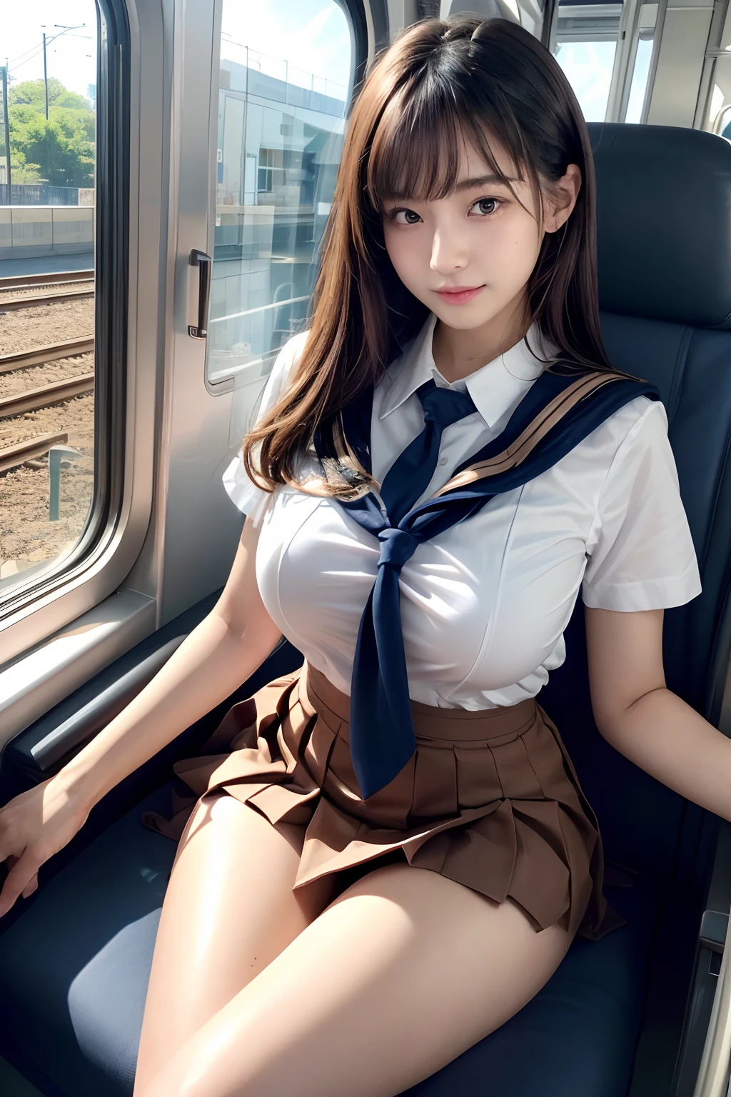 top-quality,ultra-detailliert,masterpiece,realisitic,Photo Real,Bright lighting,1 girl in, an extremely beautiful -yeld gi (kawaii:1.2),Thin smile, (Brown eyes),(brown haired),(bangss),perfect glossy skin,flawless skin,((erotick,Sexy and sexually explicit)),((accurate hands without incongruity)), large full breasts,big breasts thin waist, Look at viewers,((a sailor suit)),((Short sleeve uniform white shirt)),(red necktie),(Blue Mini Pleated Skirt),(((skirt lift by yourself))),(lifted by self),(Showing panties),panties on,panties focus,((Sit up,spread legswide)), sockes, (Black knee socks),(Loafer shoes), during daytime,On the train,Horizontal long seat with your back to the window、乃木坂アイドル、韓国アイドル、hposing Gravure Idol、女優、25-years old、tall、cafes、resturant、Italy、Americans、Australia