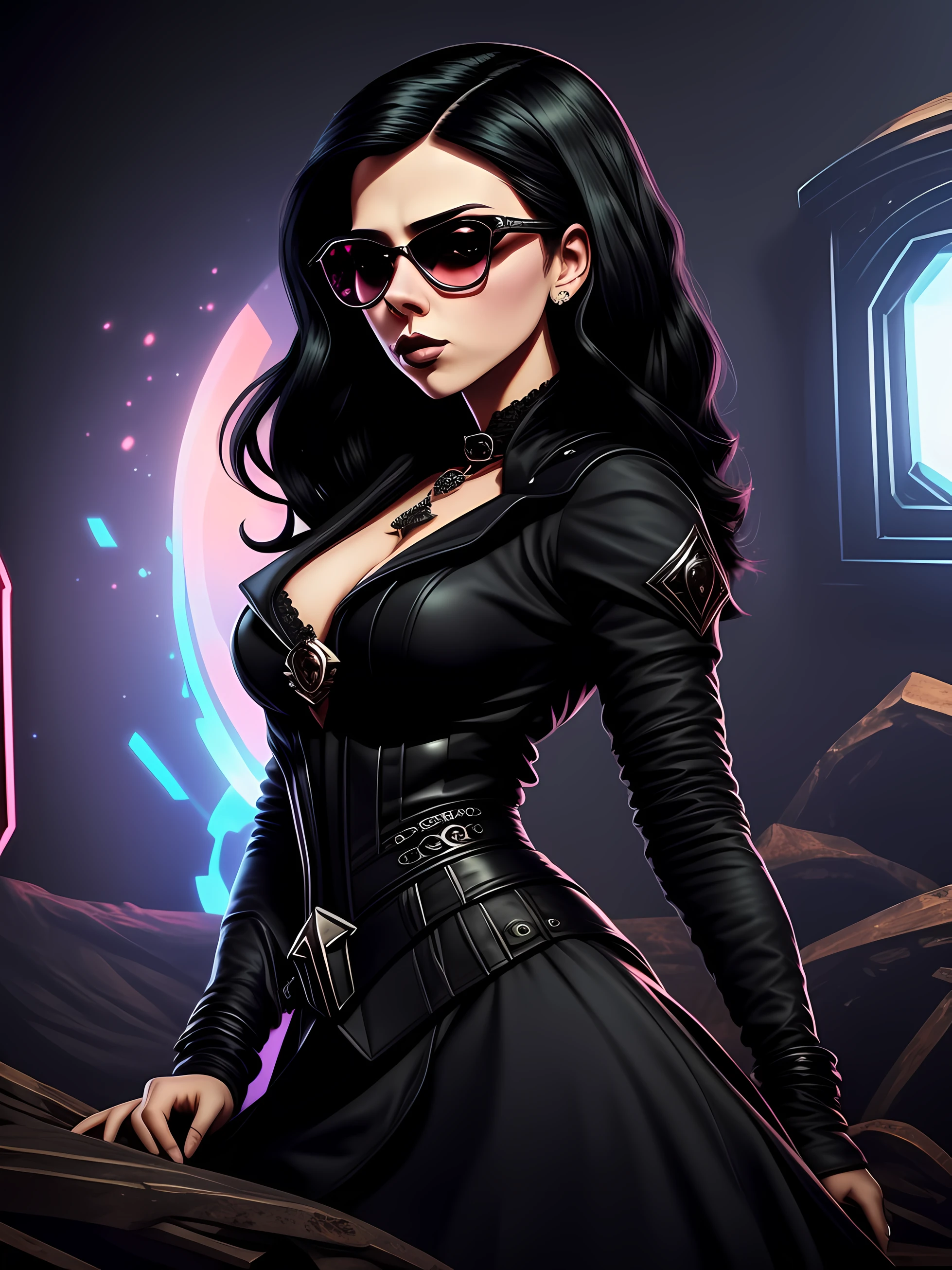 Portrait of an attractive beautiful woman with black hair with gothic costume, inspirada em "Scarlett Johansson"(altamente detalhado: 1.2), Hyper-detailed eyes and use of high-tech sunglasses with holographic display 1.2)