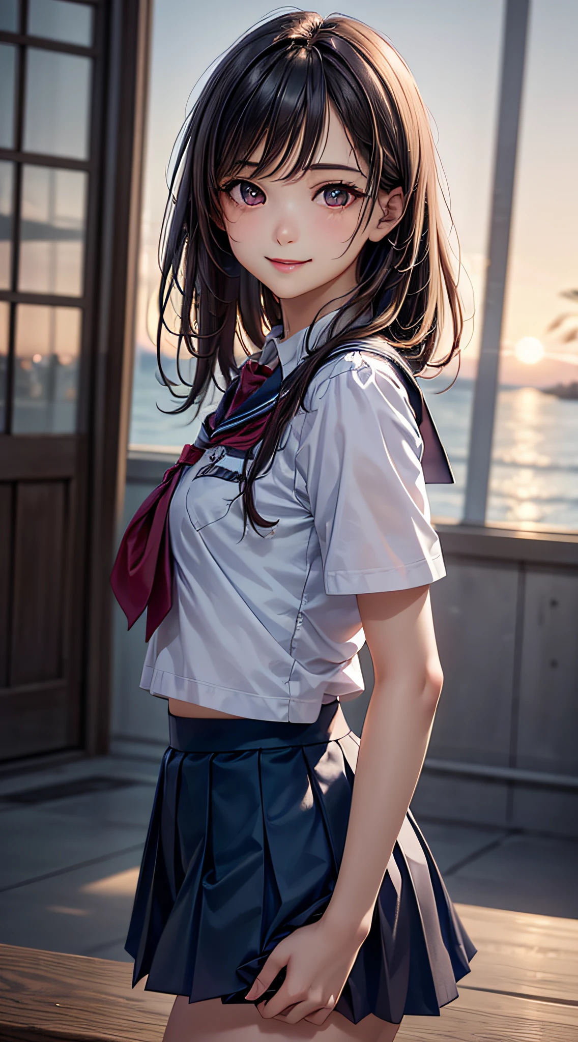 (1young girls), (highly detailed Beautiful face), Amazing face and eyes, (Best Quality:1.4), (Ultra-detailed), (extremely detailed CG unified 8k wallpaper), Highly detailed, High-definition raw color photos, Professional Photography, Realistic portrait, Amazing face and eyes, Pink eyes, (hi-school uniform, pleated mini skirt:1.3), ((hi-school uniform with open chest)), brown hair, model, smile shyly, (((Bokeh))), depth of fields, depth of fields, beach, twilight, sunset, (view from side:1.2),