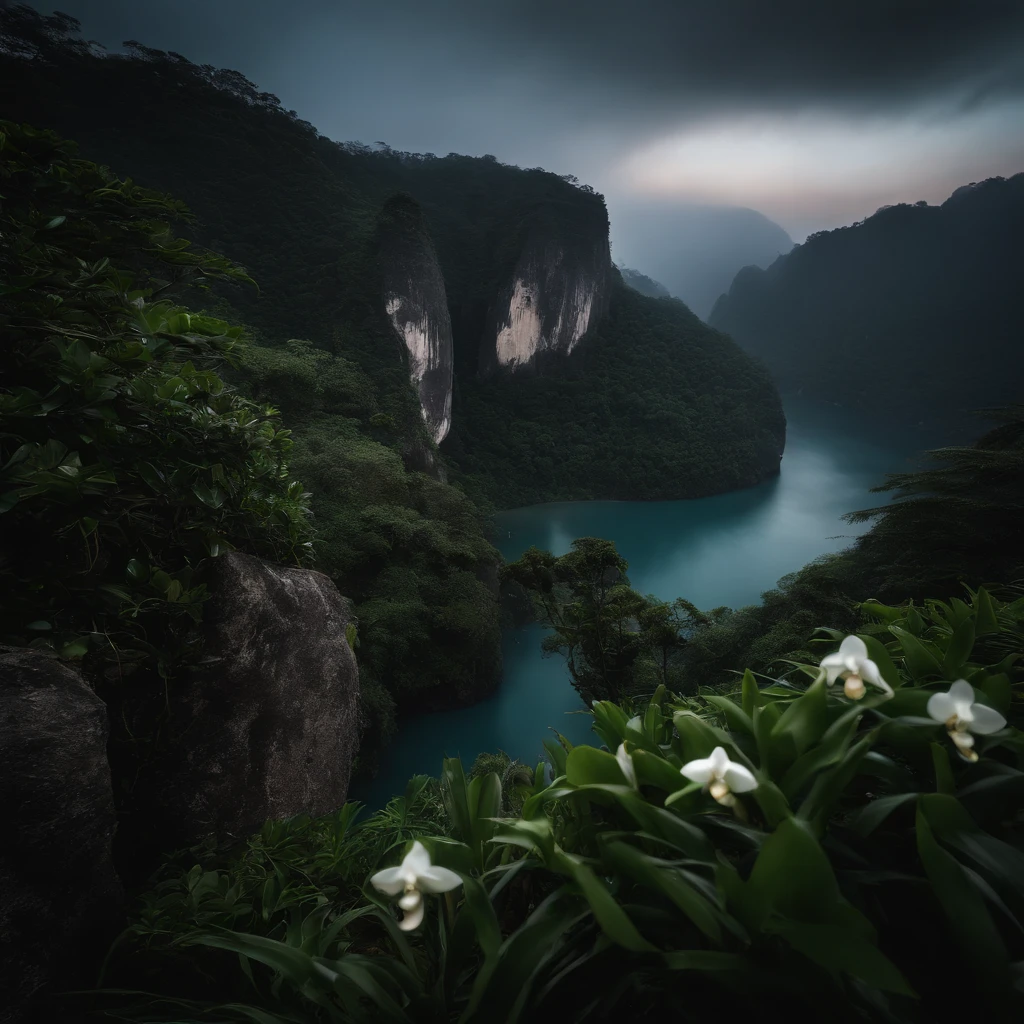 Magnificent view，Mountain top forest edge landscape photography professional high quality nature digital photography，Broad field of view，Bushes in the moonlight，Moonlight 1 White Phalaenopsis orchids on the edge of the cliff，Clear and transparent water，Huge stones stand tall，A majestic，Yamakawa，Simple and beautiful，Minimalist，Deep cyan tones，foggy sky，Nightmare vision， Dark fantasy plot，Perfect and excellent composition，8K分辨率，the detail，Rain trails，dampness，water stain，very wide angle shot，Jack Guzman's environmental art photography，realisticlying