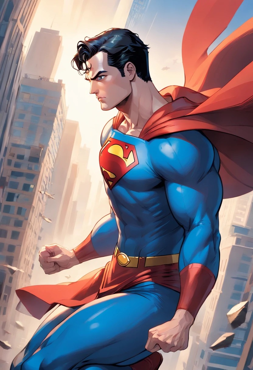 Henry Cavill as Superman ((Best Quality, 8K, ultra-detailed, Masterpiece: 1.3)), 1boy, shiny skin, sharp, Perfect Body Beauty, realistic shaded perfect body, (cute :1.1),("underwear,big bulge ":1.2),(dynamic pose:1.1), thigh , (bulge focus:1.2) ,squatting, Create a digital painting that showcases an intimate, passionate kiss with a focus on the moment of connection and desire. Emphasize the sensual details.