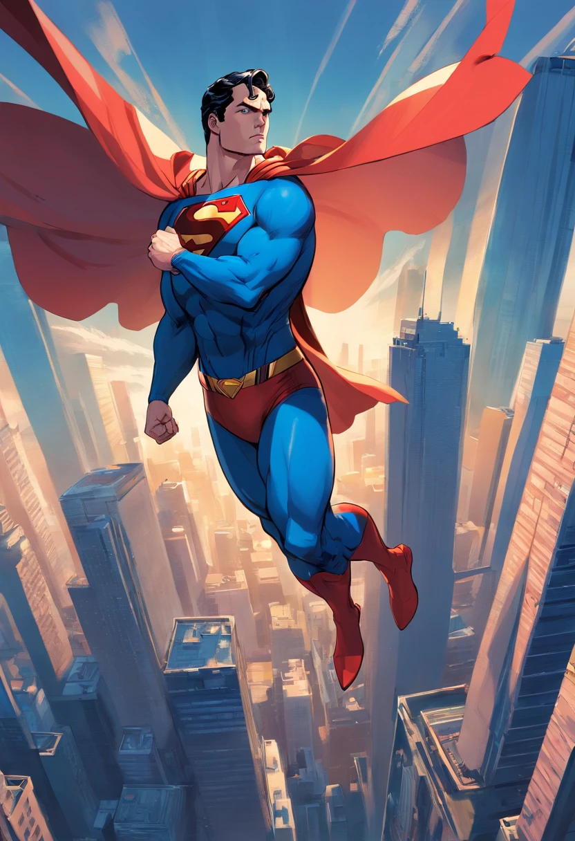 one muscle, Powerful Superman in a dynamic flying pose, with a confident and determined expression on his face. His iconic red and blue superhero costume is highly detailed, mostrando as texturas e contornos do tecido. As cores vibrantes do traje, including the bright red cloak that flows behind him, Crie um impacto visual impressionante. The symbol of His House, the iconic Superman emblem, is prominently displayed on his chest.

The work has a medium of comic book illustration, capturing the essence of the beloved DC Comics character. The lines and shading are crisp and clean, giving the image a dynamic and energetic feel. Combines elements of traditional hand-drawn artwork with digital coloring techniques, resulting in a visually stunning piece.

Enquanto Superman assume o centro do palco, the background features the iconic skyline of Metropolis with its towering skyscrapers, todos banhados pela luz quente do sol. The buildings are highly detailed, featuring a blend of contemporary architecture and the classic art deco style that is synonymous with the world of Superman.

The lighting in the artwork is dramatic, with sunlight casting strong shadows on Superman's muscular physique, emphasizing their strength and power. Using highlights and shadows adds depth and dimension to the image, Bringing it to life.

The color palette of the work is rich and vibrant, with bold primary colors dominating the scene. O vermelho e o azul do traje do Superman se destacam contra os tons quentes da paisagem urbana, criando um contraste visualmente cativante.

Geral, This work is of the best quality, com ultra-detalhado, realism rendering. Every muscle and line in Superman's body is meticulously portrayed, highlighting his physical prowess and superhero status. Attention to detail creates a sense of realism, fazendo com que o espectador se sinta como se estivesse testemunhando o voo do Superman pessoalmente.

This prompt is suitable for