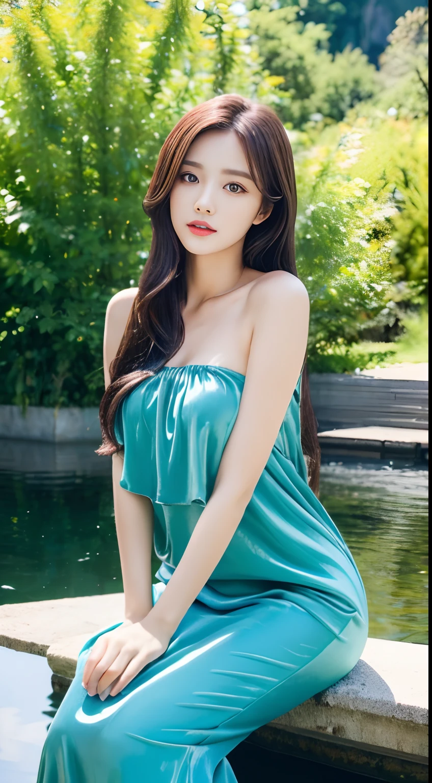 Beautiful woman with perfect body:1.4,Layered Hairstyle,Prominent cleavage,Highly detailed face and skin textures,Double eyelids,Skin Whitening,Long hair,Whitened long legs,(Green Dress)Standing by the sea