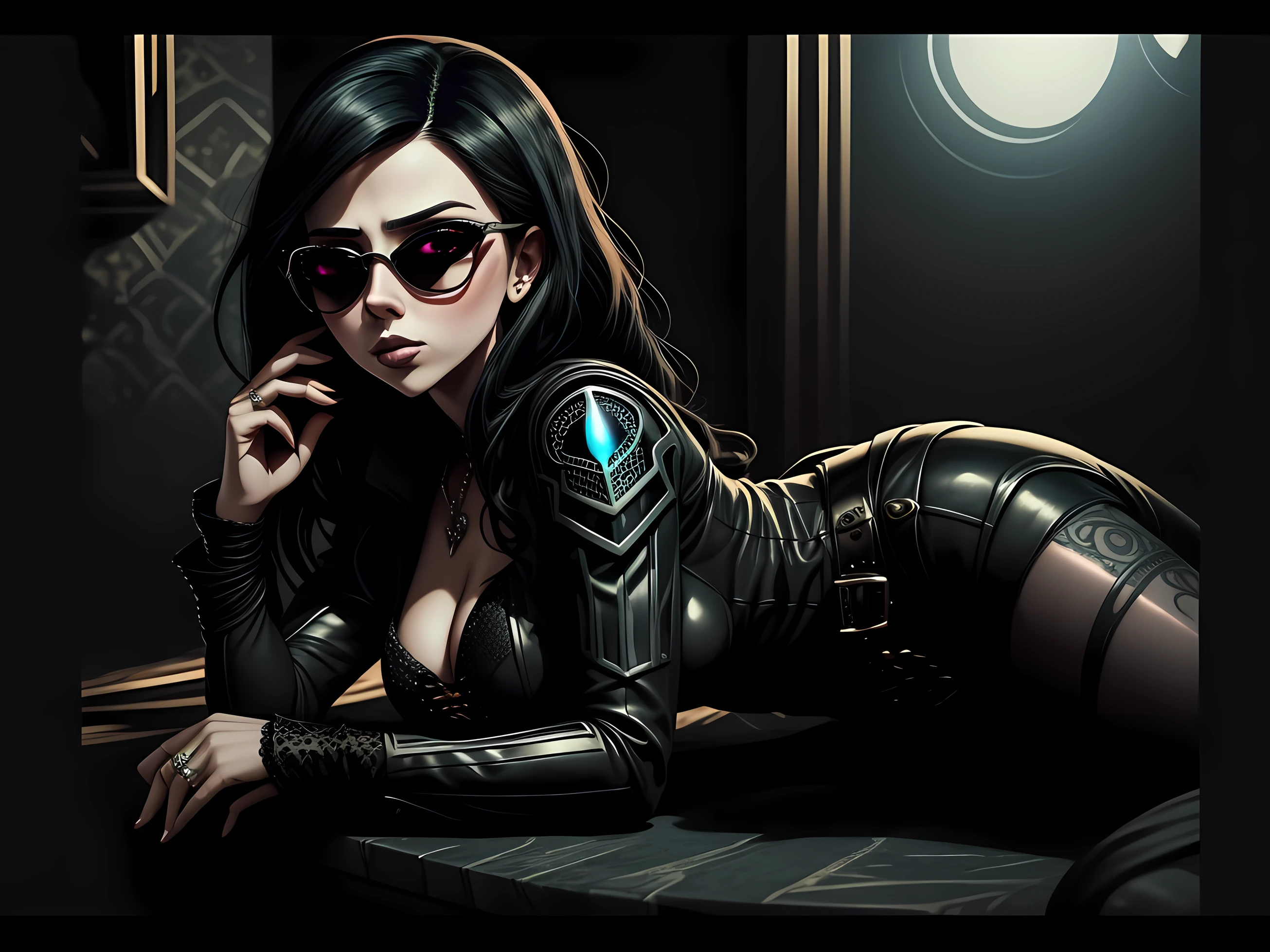 Portrait of an attractive beautiful woman with black hair with gothic costume, inspirada em "scarlett johansson"(altamente detalhado: 1.2), Hyper-detailed eyes and use of high-tech sunglasses with holographic display 1.2)
