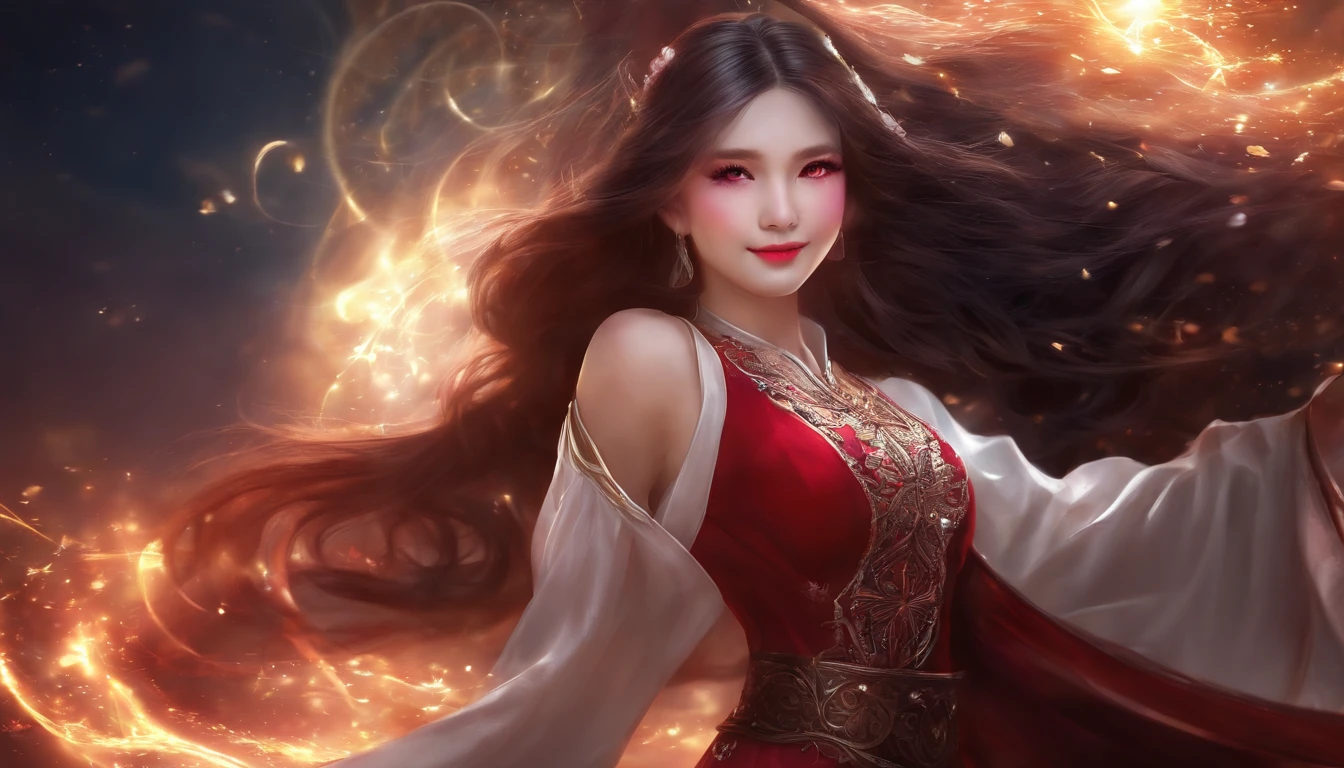 (masterpiece, top quality, best quality, official art, beautiful and aesthetic:1.2), cute smile girl, detailed face, ((red eyes)), long white hair, full body, violet blouse and pants, luminous effects, highest detailed, floating particles, ancient runes, geometric patterns, V0id3nergy , mana, shadows, epic atmosphere