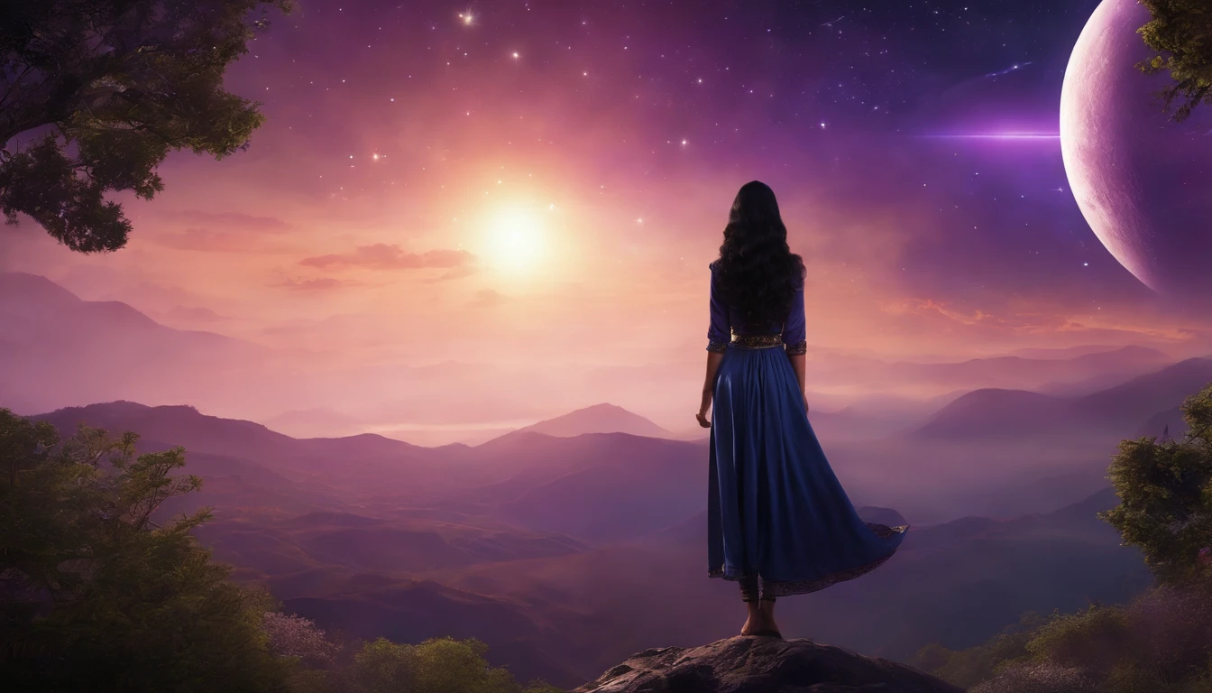 (masterpiece, top quality, best quality, official art, beautiful and aesthetic:1.2), girl, detailed face, long black hair, full body, violet blouse and pants, celestial, cosmic, extremely beautiful, high detailed, (galactic in background), luminous effects, highest detailed, floating particles, ancient runes, geometric patterns, V0id3nergy , mana, shadows, epic atmosphere