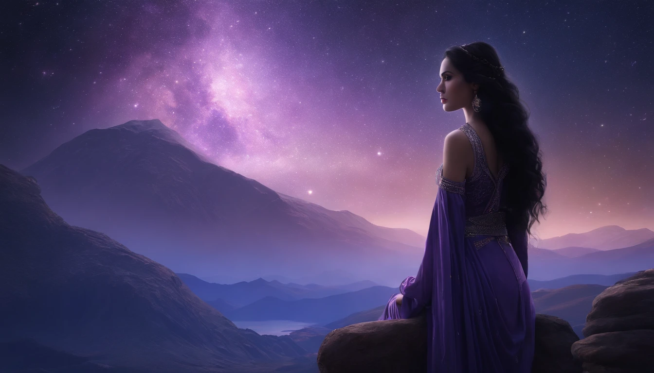 (masterpiece, top quality, best quality, official art, beautiful and aesthetic:1.2), girl, detailed face, long black hair, full body, violet blouse and pants, celestial, cosmic, extremely beautiful, high detailed, (galactic in background), luminous effects, highest detailed, floating particles, ancient runes, geometric patterns, V0id3nergy , mana, shadows, epic atmosphere